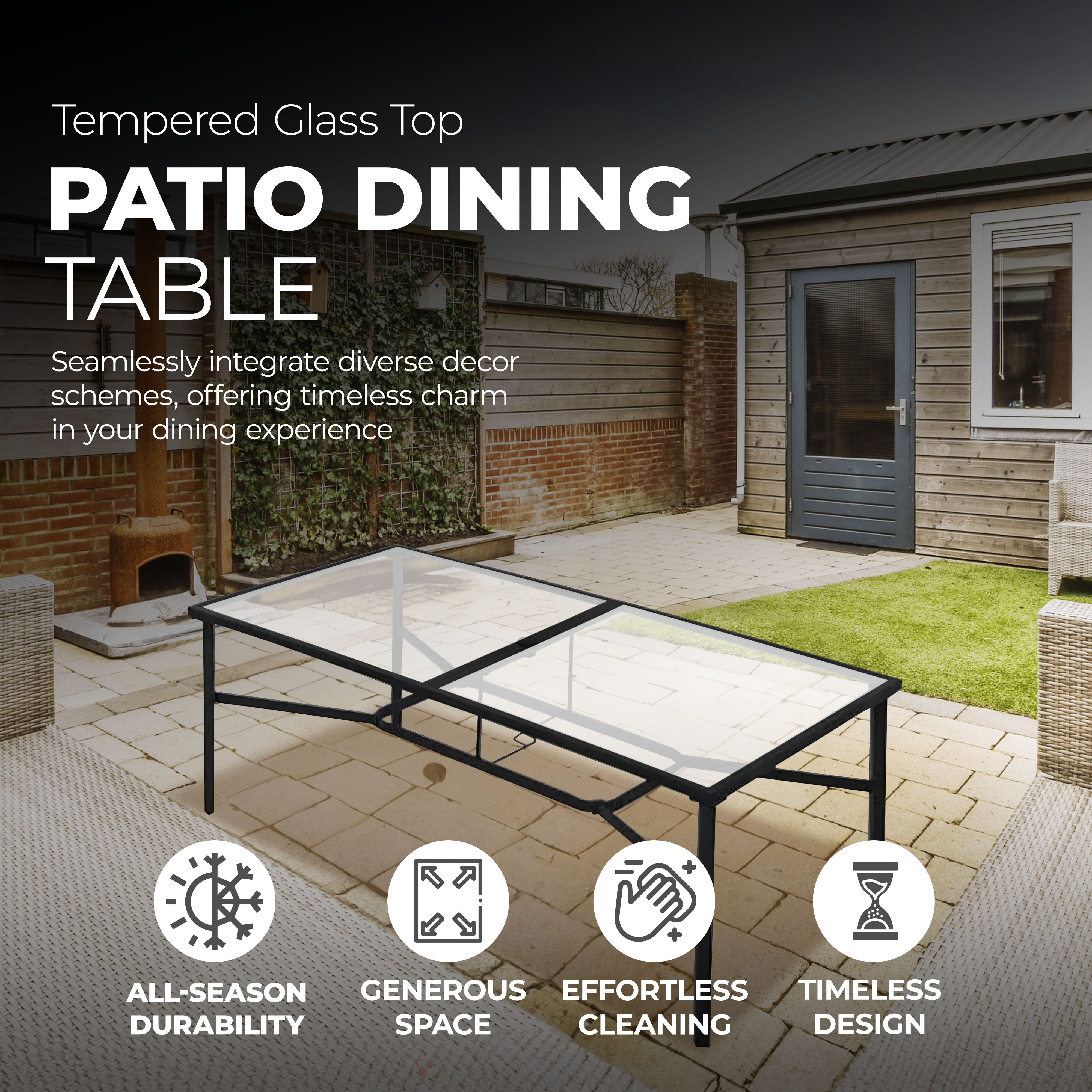 Four Seasons Courtyard Sunny Isles Tempered Glass Top Patio Dining Table, Black - VMInnovations