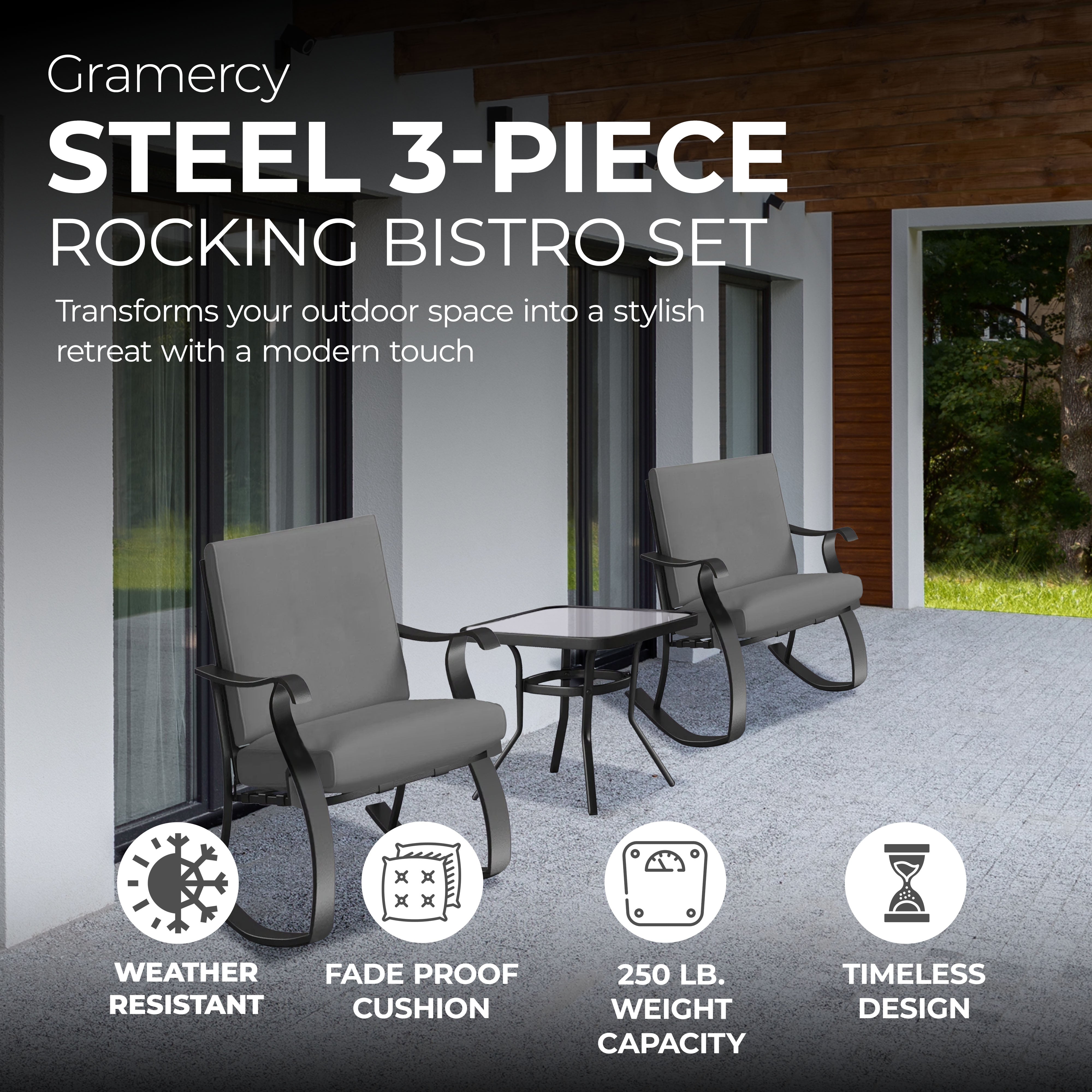 Four Seasons Courtyard Gramercy Sturdy Steel 3 Piece Rocking Bistro Set, Gray - VMInnovations