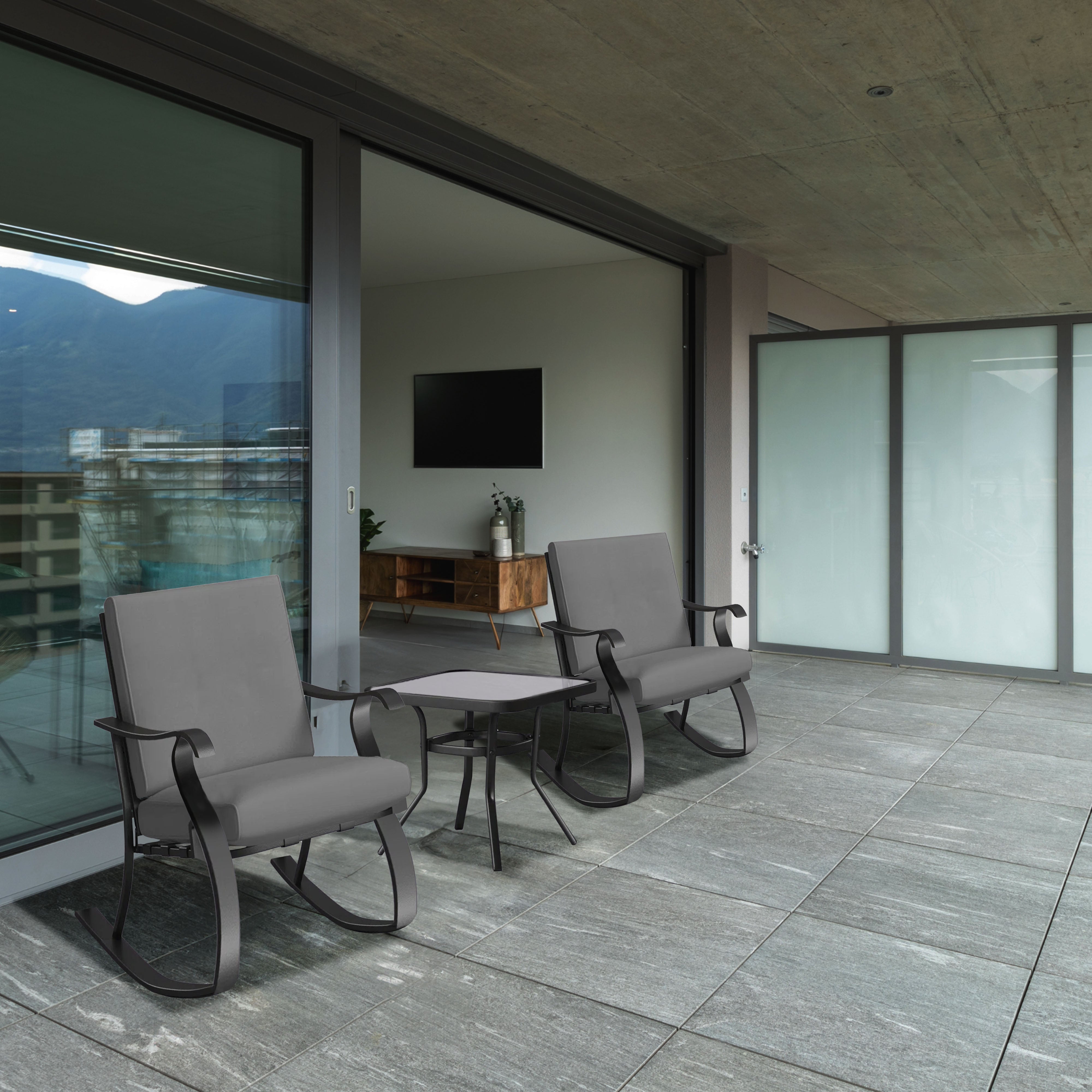 Four Seasons Courtyard Gramercy Sturdy Steel 3 Piece Rocking Bistro Set, Gray - VMInnovations