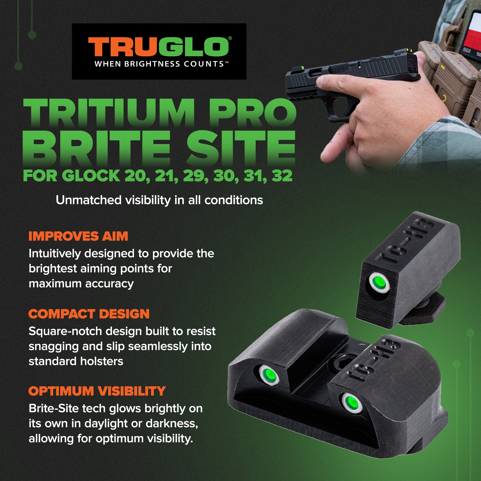 TruGlo Tritium Pro Brite Site High Set Glock Handgun Sight, Glock 20, 21, 29, 30 - VMInnovations