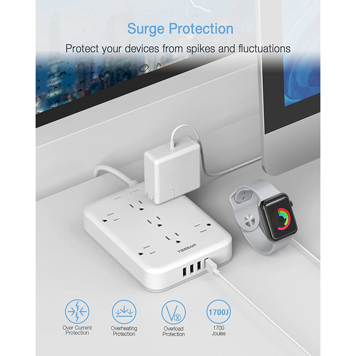 TESSAN Power Strip with Surge Protector, 7 AC Outlets, and 4USB Ports (Open Box)