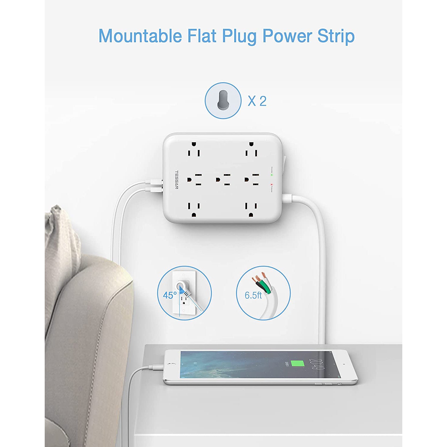 TESSAN Power Strip with Surge Protector, 7 AC Outlets, and 4USB Ports (Open Box)
