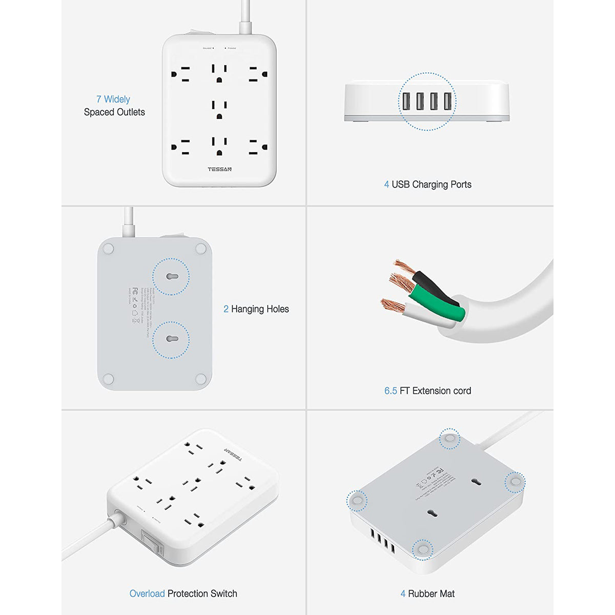 TESSAN Power Strip with Surge Protector, 7 AC Outlets, and 4USB Ports (Open Box)