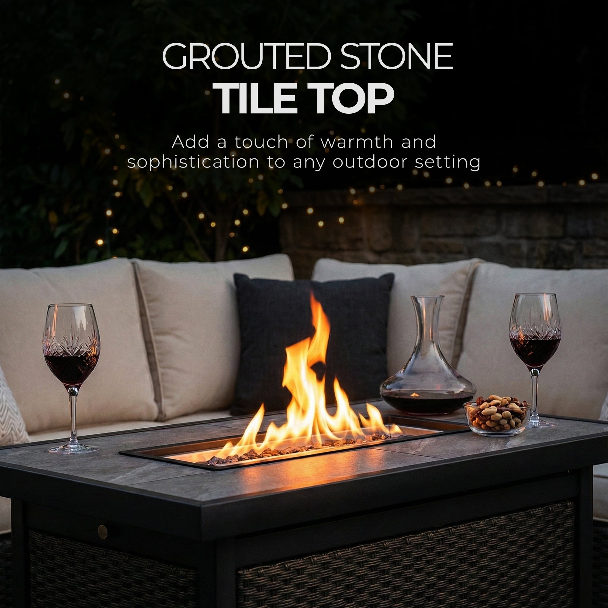 Four Seasons Courtyard Wilmette Firepit Woven Wicker with Grouted Stone Top - VMInnovations