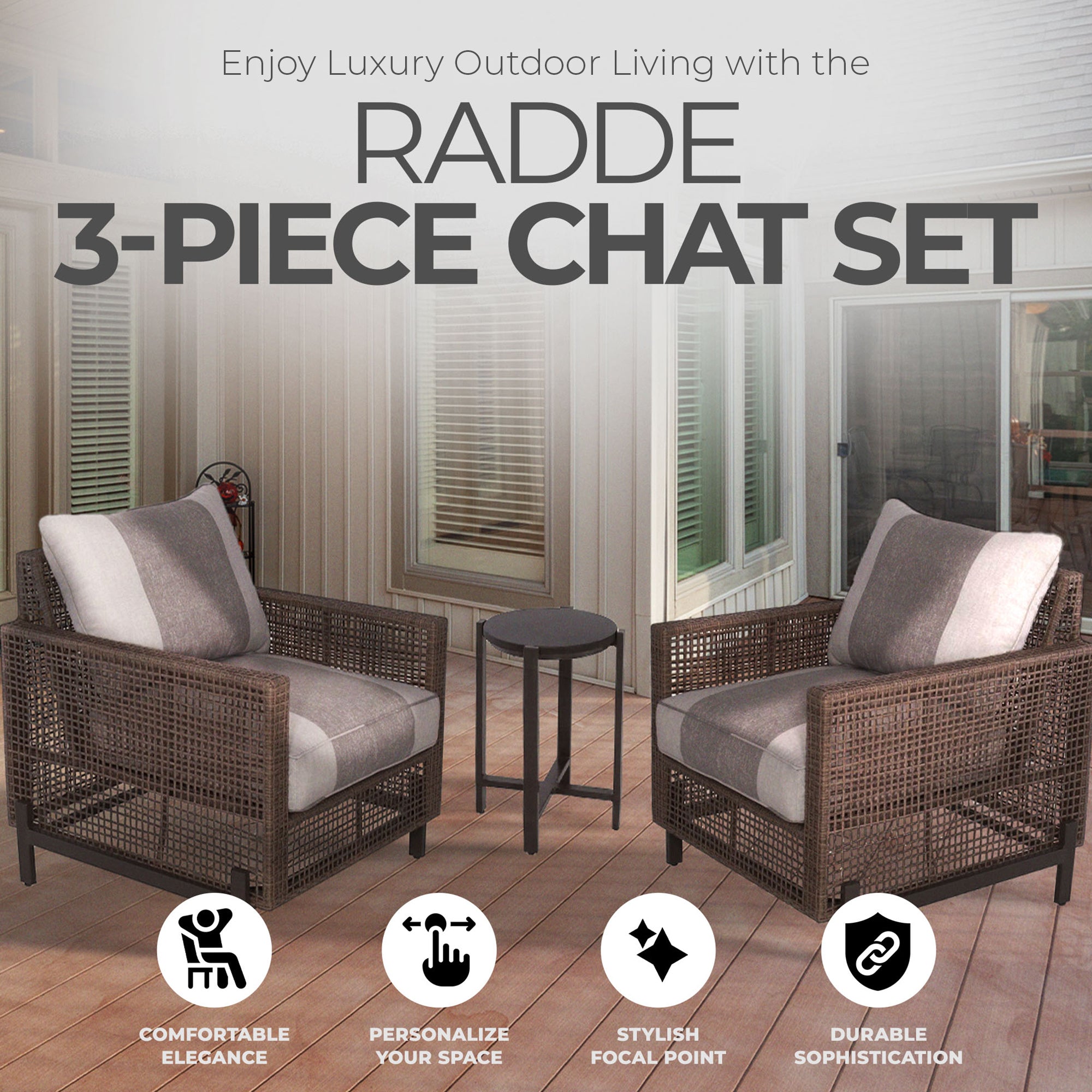 Four Seasons Courtyard Radde 3 Piece Woven Wicker Deep Seating Chat Set, Beige - VMInnovations