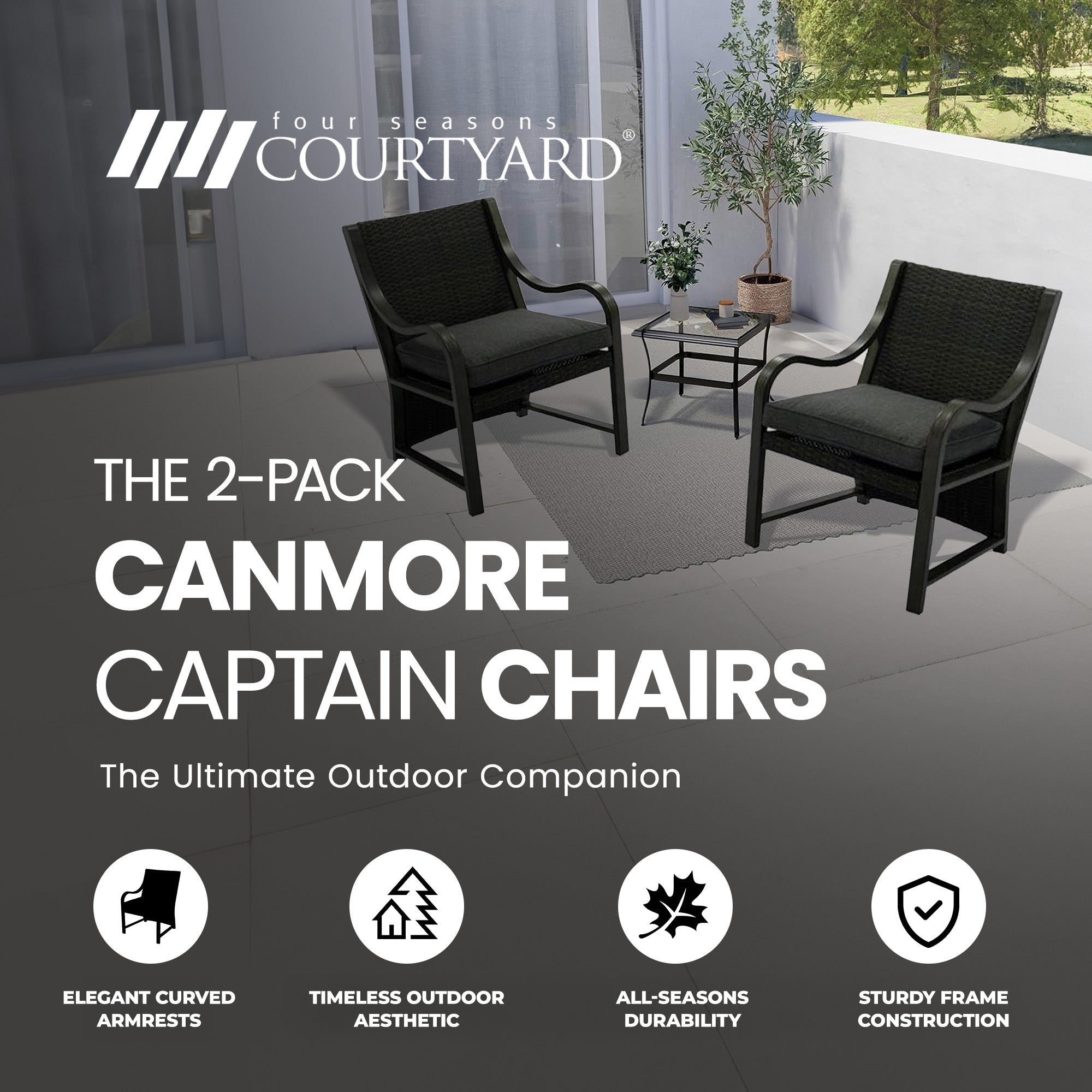 Four Seasons Courtyard Canmore Captain Outdoor Patio Cushioned Arm Chair, 2 Pack - VMInnovations