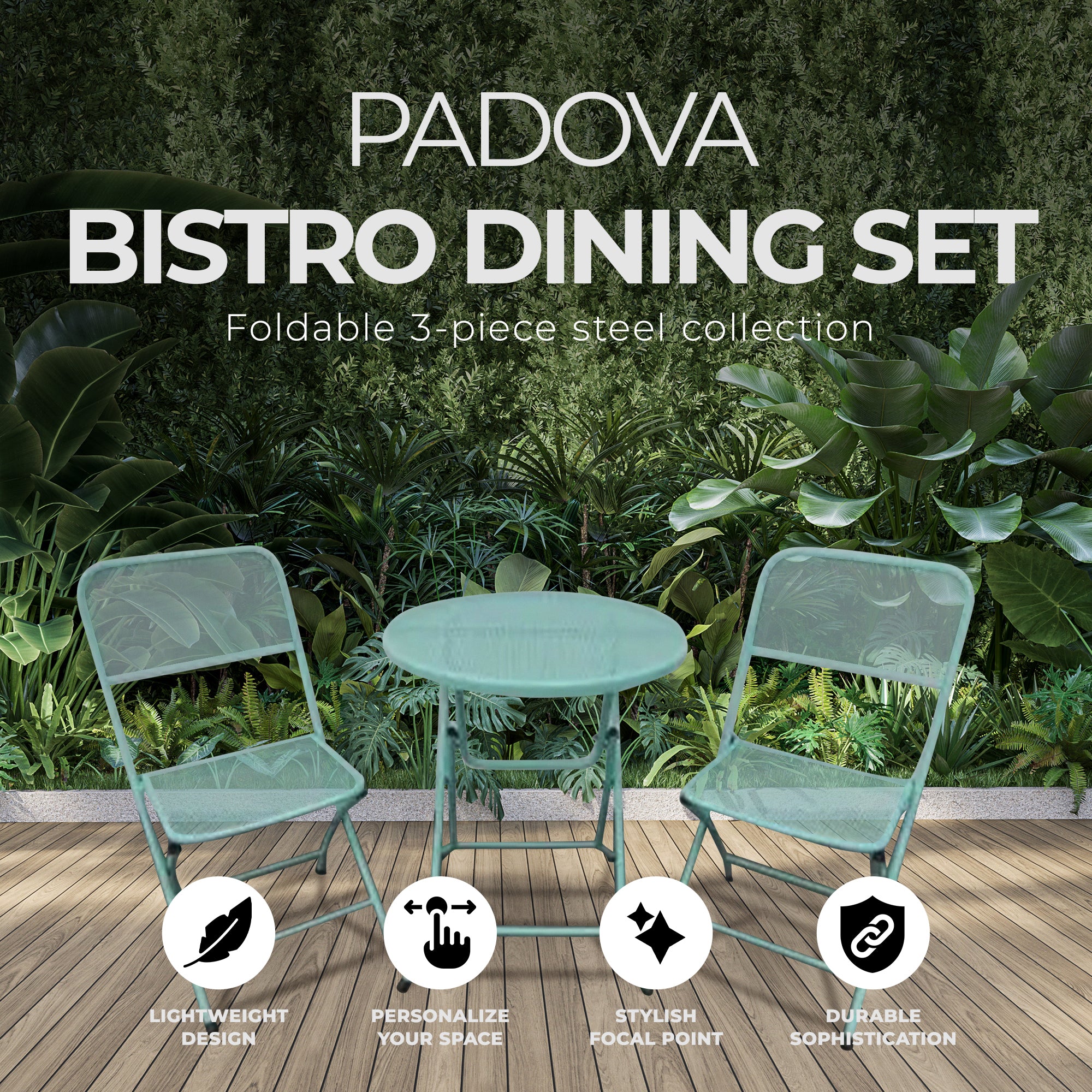 Four Seasons Courtyard Padova Foldable 3 Piece Steel Bistro Dining Set, Blue - VMInnovations