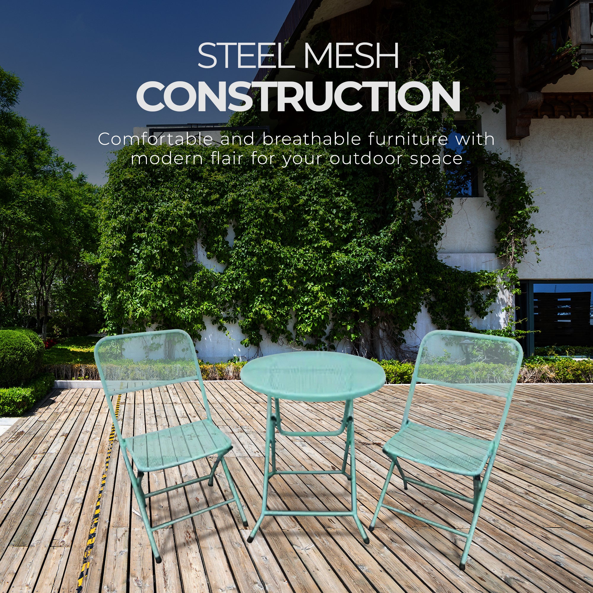 Four Seasons Courtyard Padova Foldable 3 Piece Steel Bistro Dining Set, Blue - VMInnovations