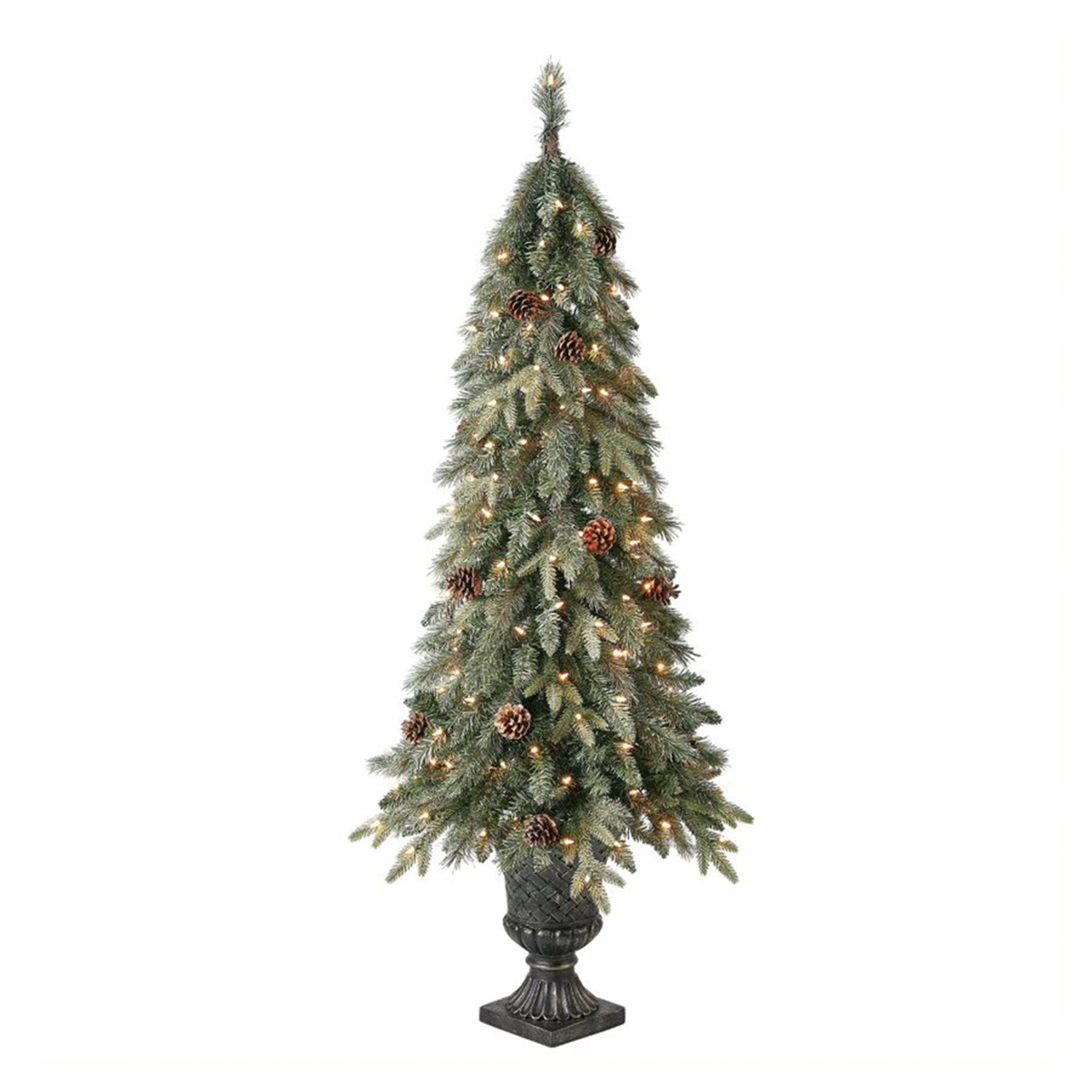 Home Heritage Entryway Pot Pine 5' Artificial Prelit Christmas Tree w/ Pinecones