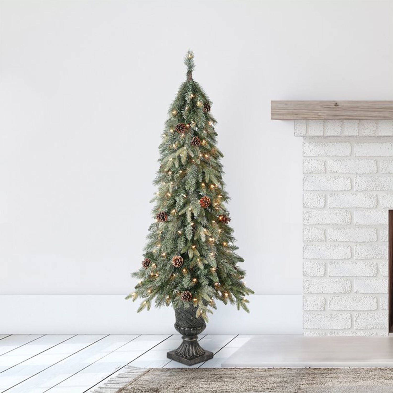 Home Heritage Entryway Pot Pine 5' Artificial Prelit Christmas Tree w/ Pinecones