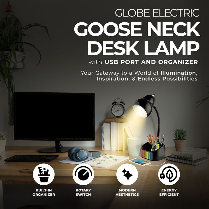 Globe Electric LED Integrated Goose Neck Desk Lamp with USB Port and Organizer - VMInnovations