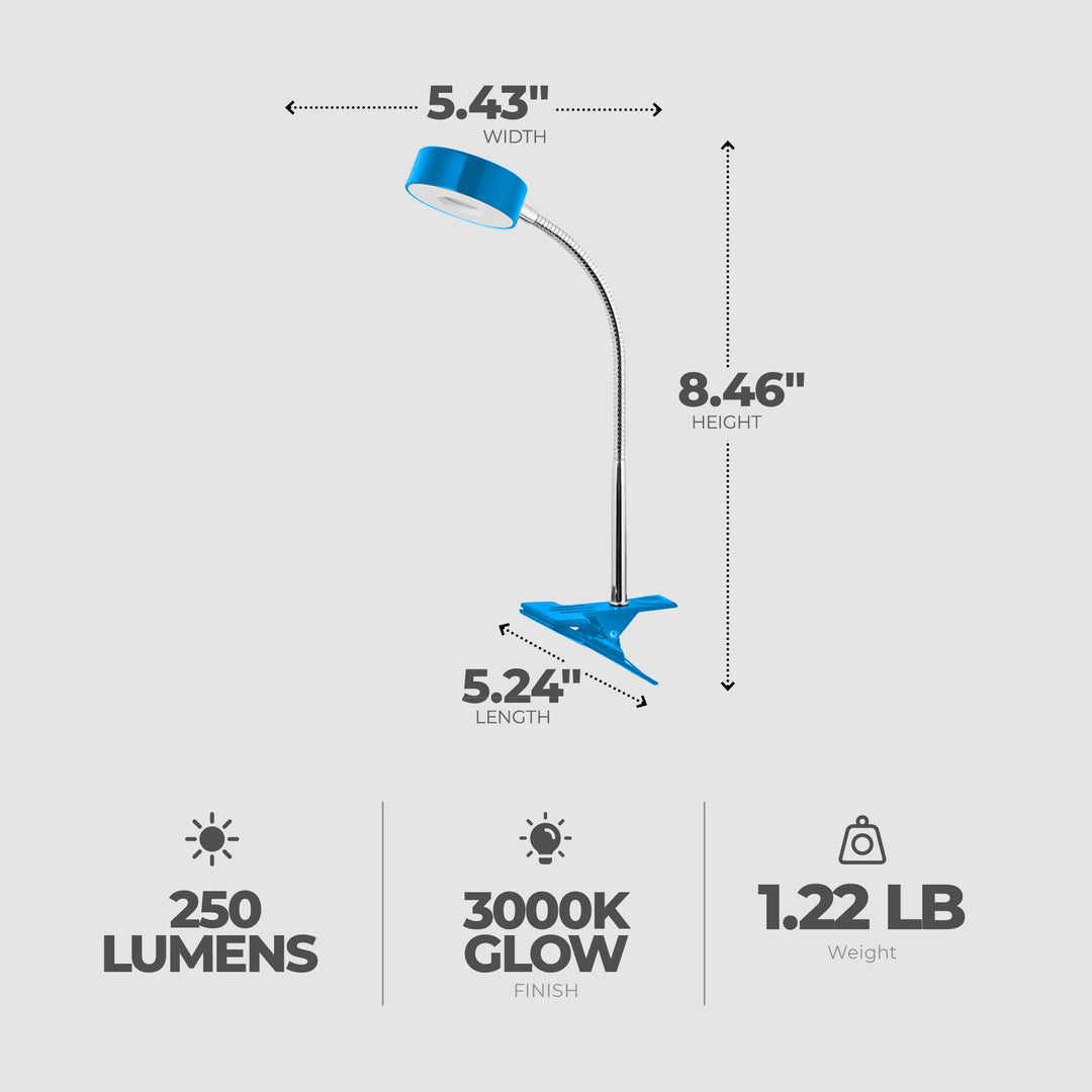 Globe Electric 8.46" 5W 250 Lumens LED Integrated Goose Neck Clip Lamp, Blue - VMInnovations