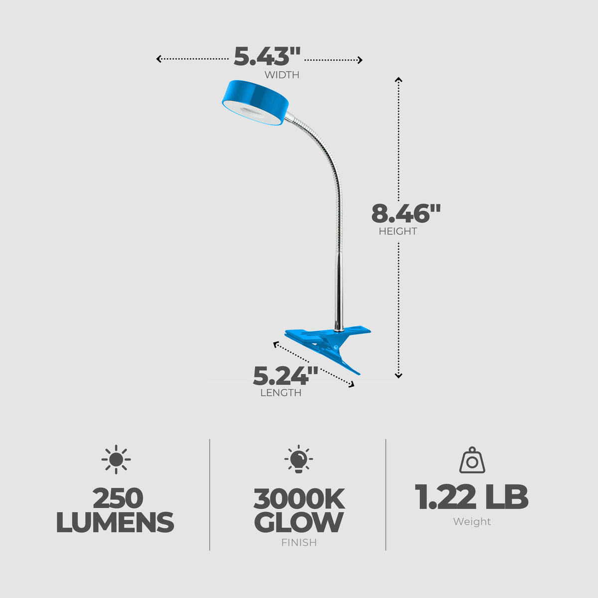 Globe Electric 8.46" 5W 250 LED Integrated Goose Neck Clip Lamp, Blue (Open Box) - VMInnovations