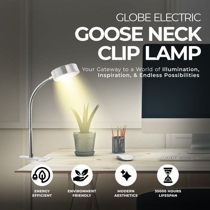Globe Electric 8.46" 5W 250 Lumens LED Integrated Goose Neck Clip Lamp, White - VMInnovations