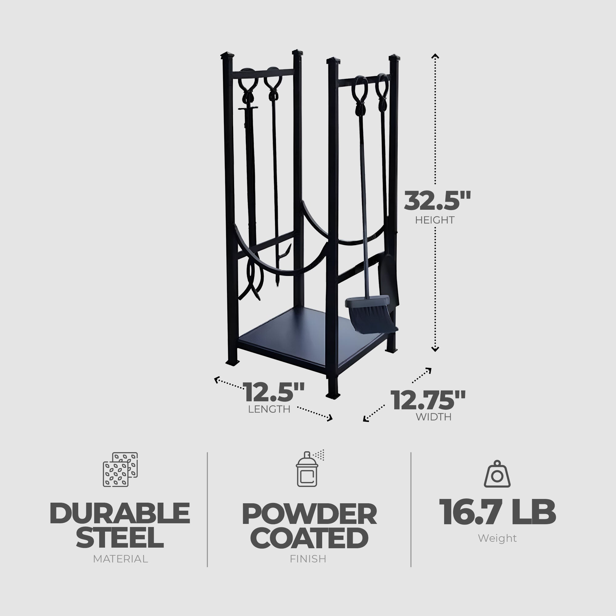 Panacea Firewood Rack with Fireplace Brush, Tong, Shovel, Poker, & Shelf, Black - VMInnovations