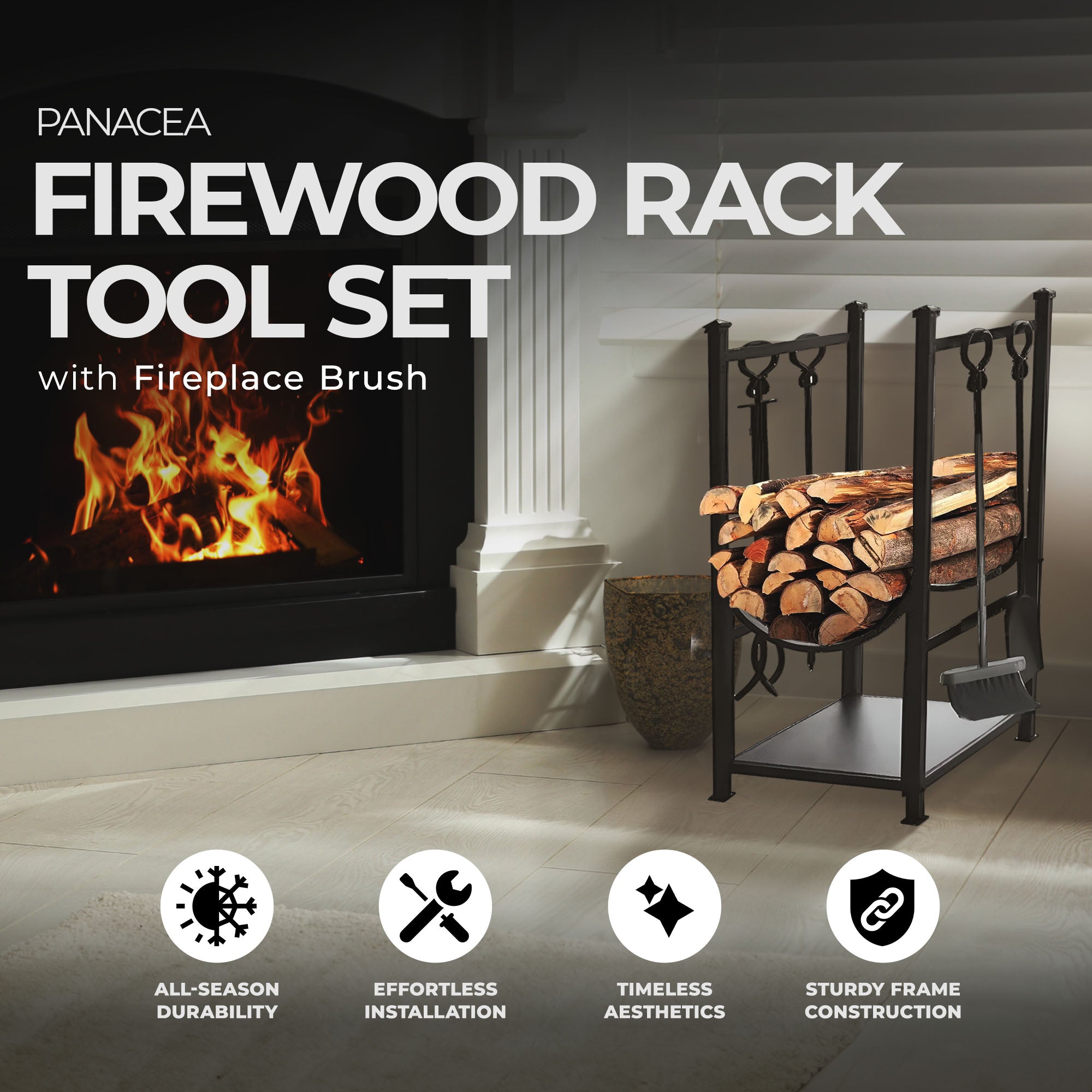 Panacea Firewood Rack with Fireplace Brush, Tong, Shovel, Poker, & Shelf, Black - VMInnovations