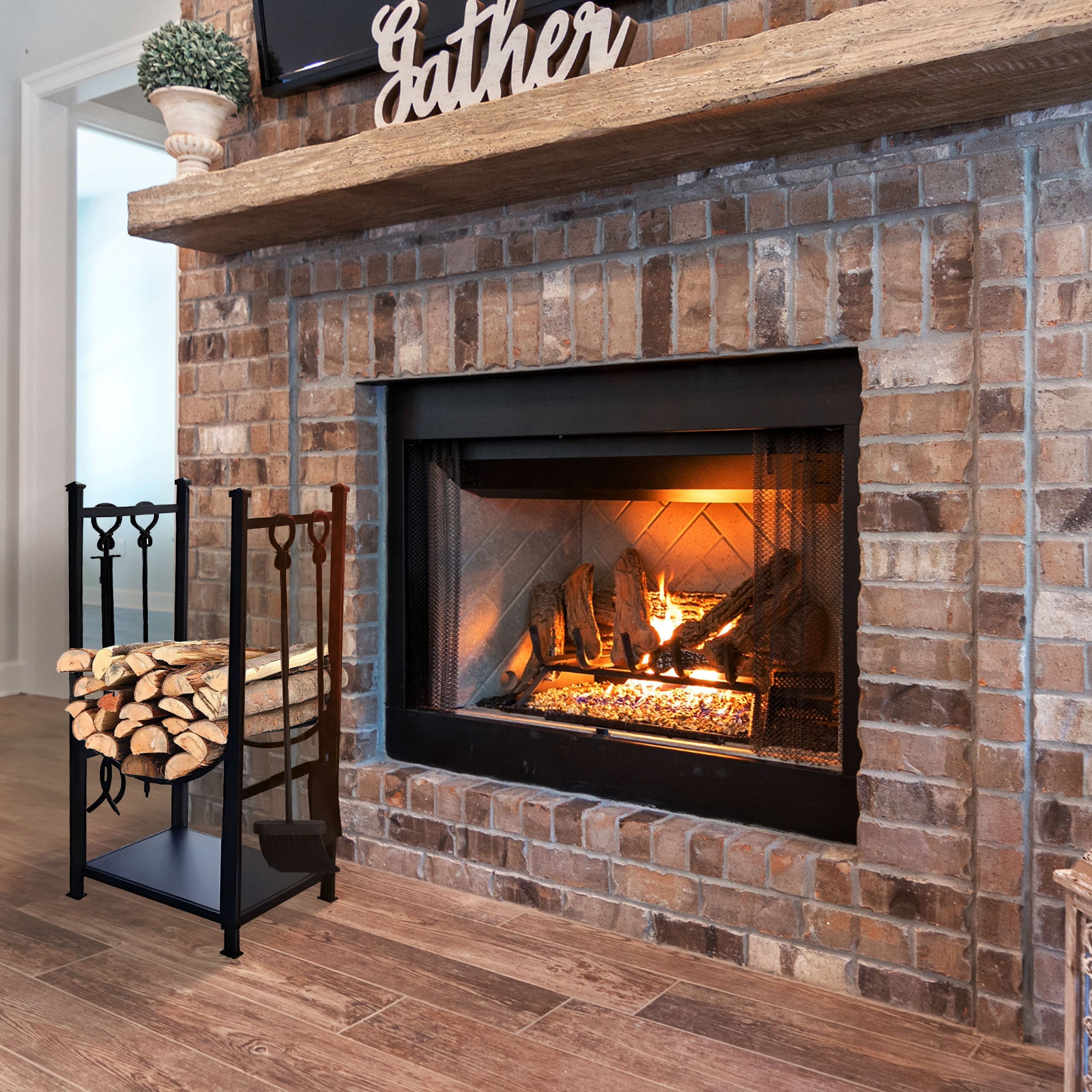 Panacea Firewood Rack with Fireplace Brush, Tong, Shovel, Poker, & Shelf, Black - VMInnovations