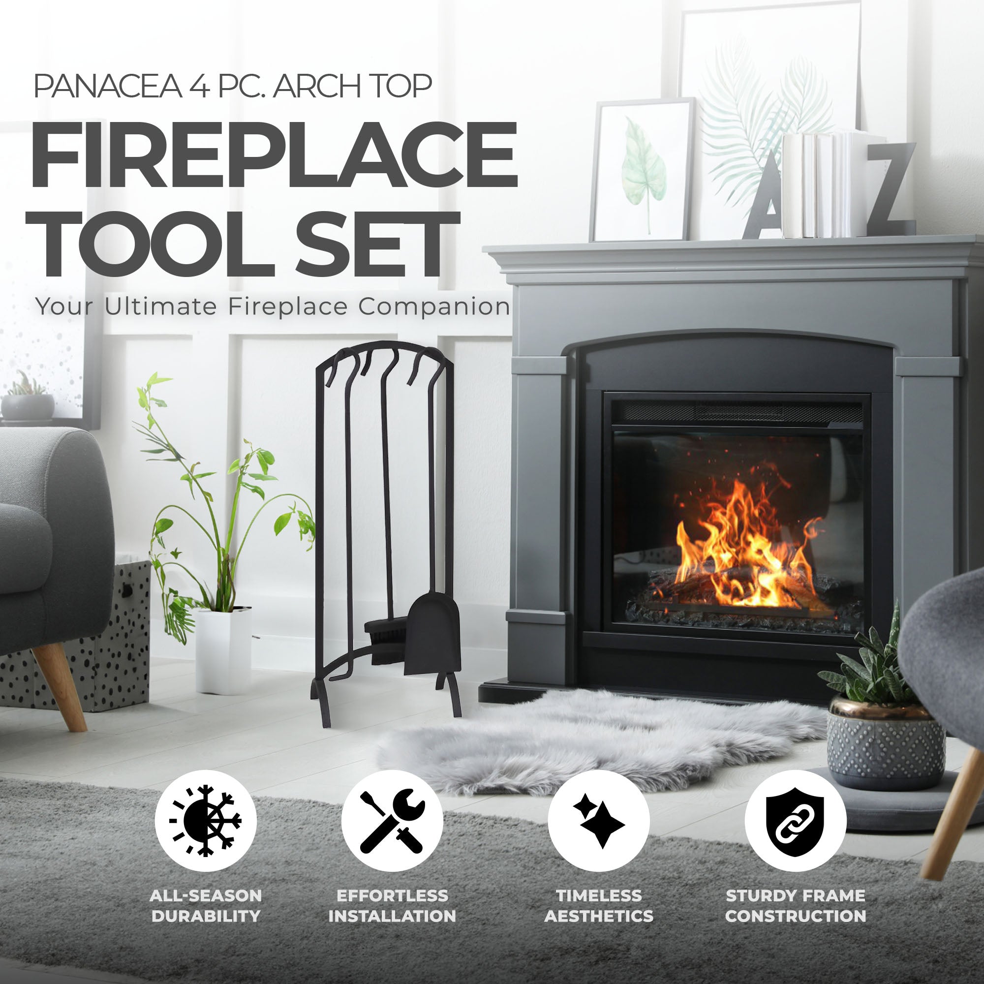 Panacea 4 Piece Arch Top Fireplace Tool Set with Brush, Shovel, Poker and Stand - VMInnovations
