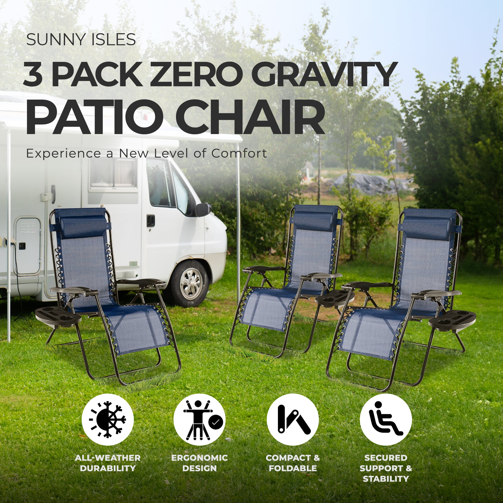 Four Seasons Courtyard Sunny Steel Zero Gravity Patio Chair, Blue(3pk)(Open Box) - VMInnovations