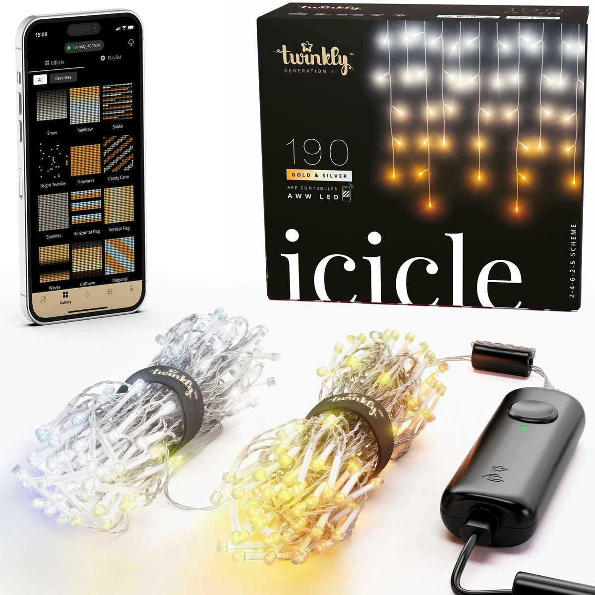 Twinkly Icicle App-Controlled Smart LED Christmas Lights 190 Amber/White (4Pack)