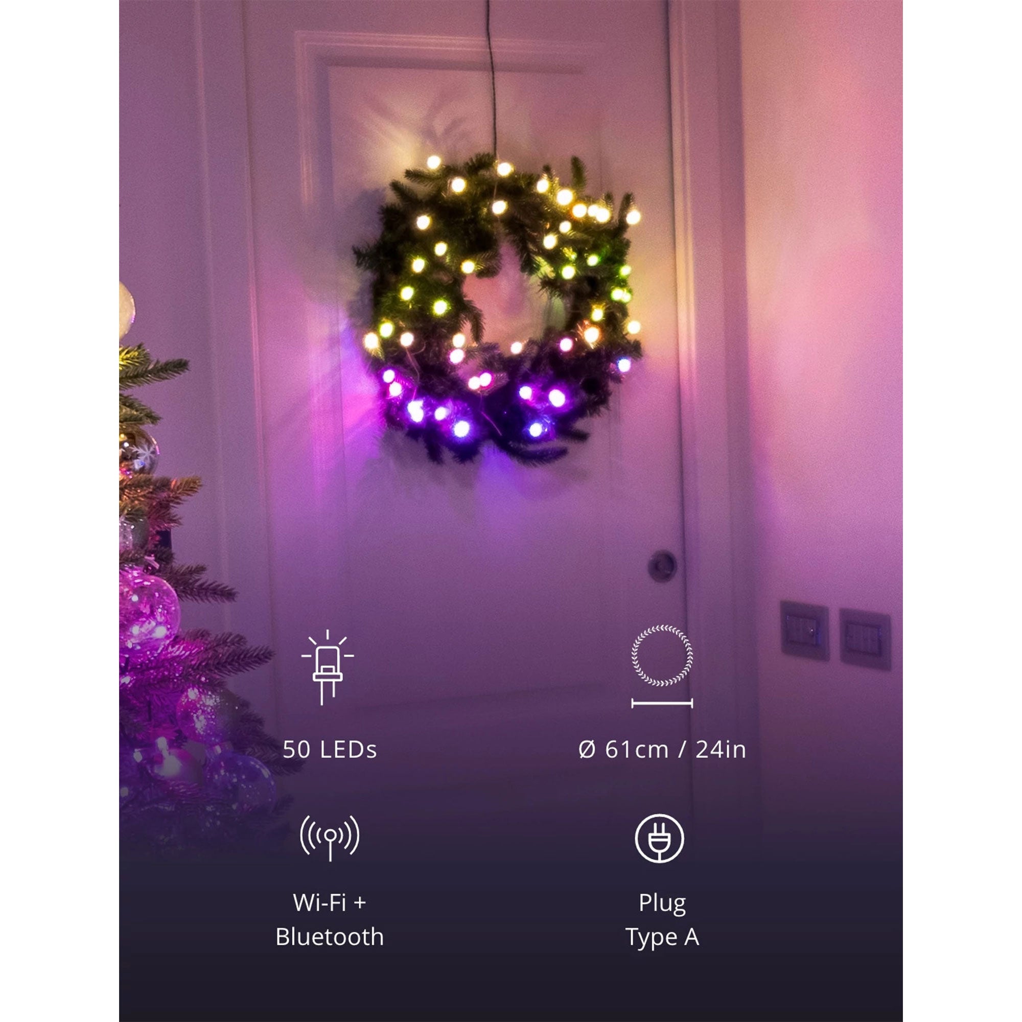 Twinkly Pre-Lit Wreath App-controlled 2-Ft LED Christmas Wreath 50 RGB + White