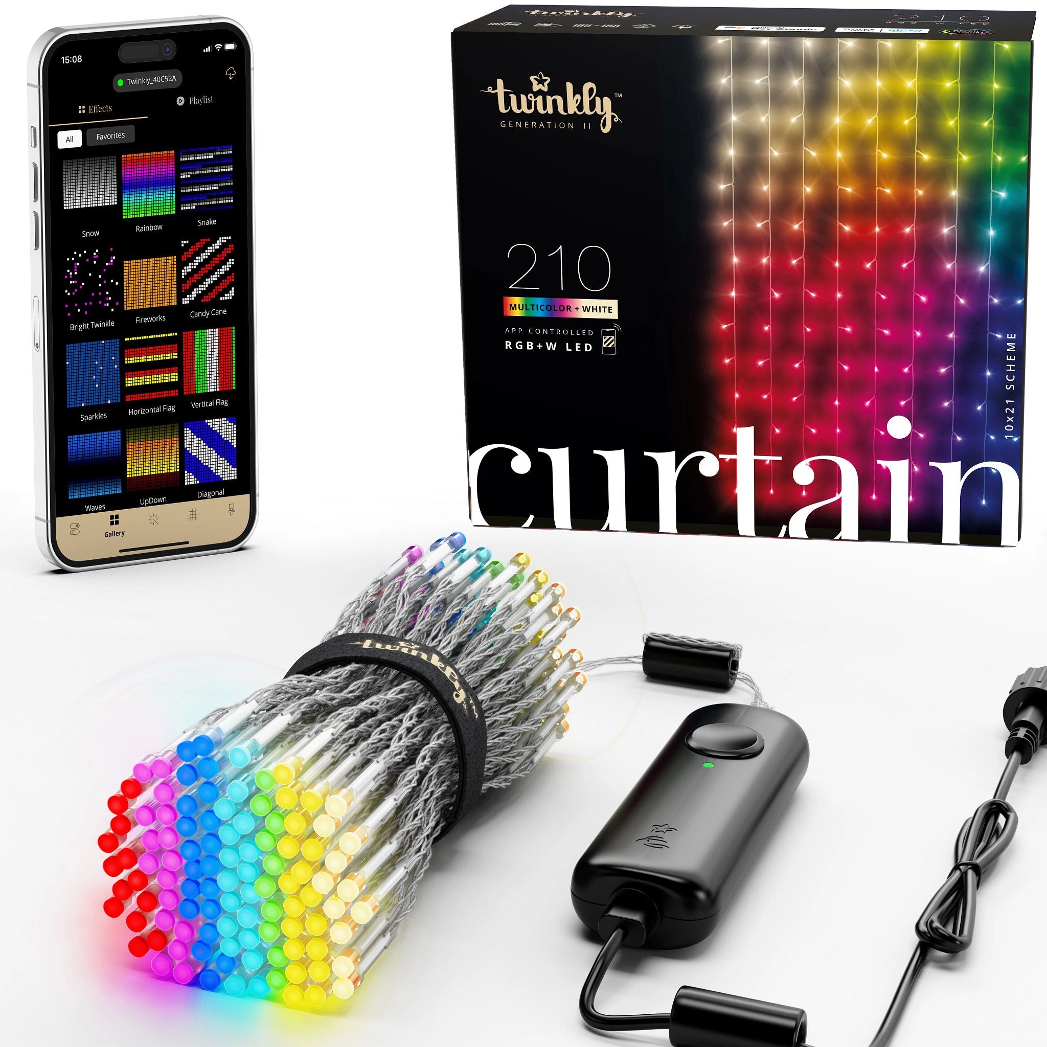 Twinkly Curtain + Music 210 LED RGB+W Christmas Lights with Music Syncing Device