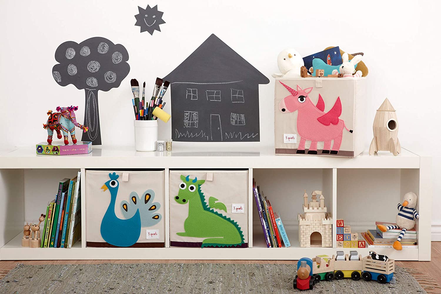 3 Sprouts Childrens Foldable Fabric Storage Cube Bin Box, Pink Unicorn (2 Pack) - VMInnovations