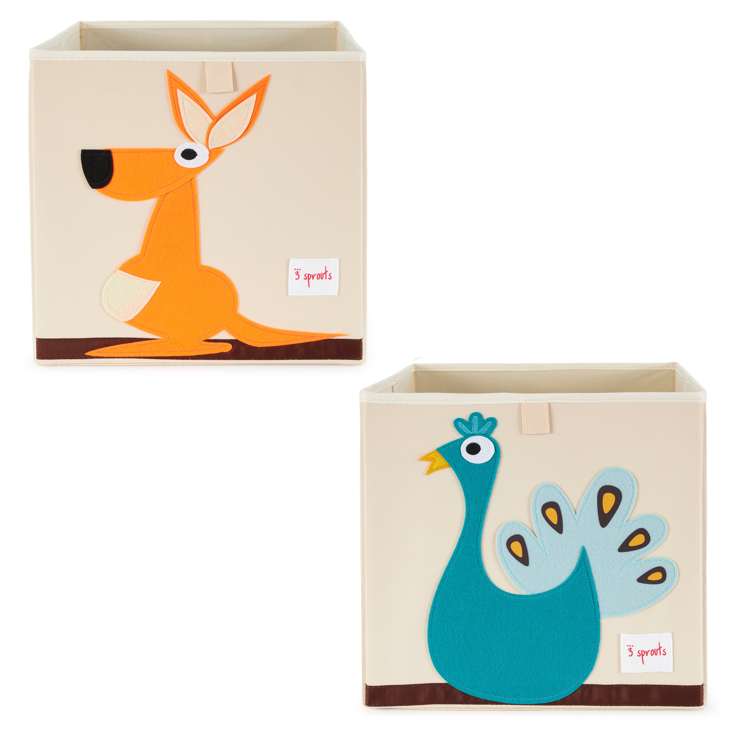 3 Sprouts Kid's Fabric Storage Cube Box Toy Bin, Kangaroo and Peacock (2 Pack)