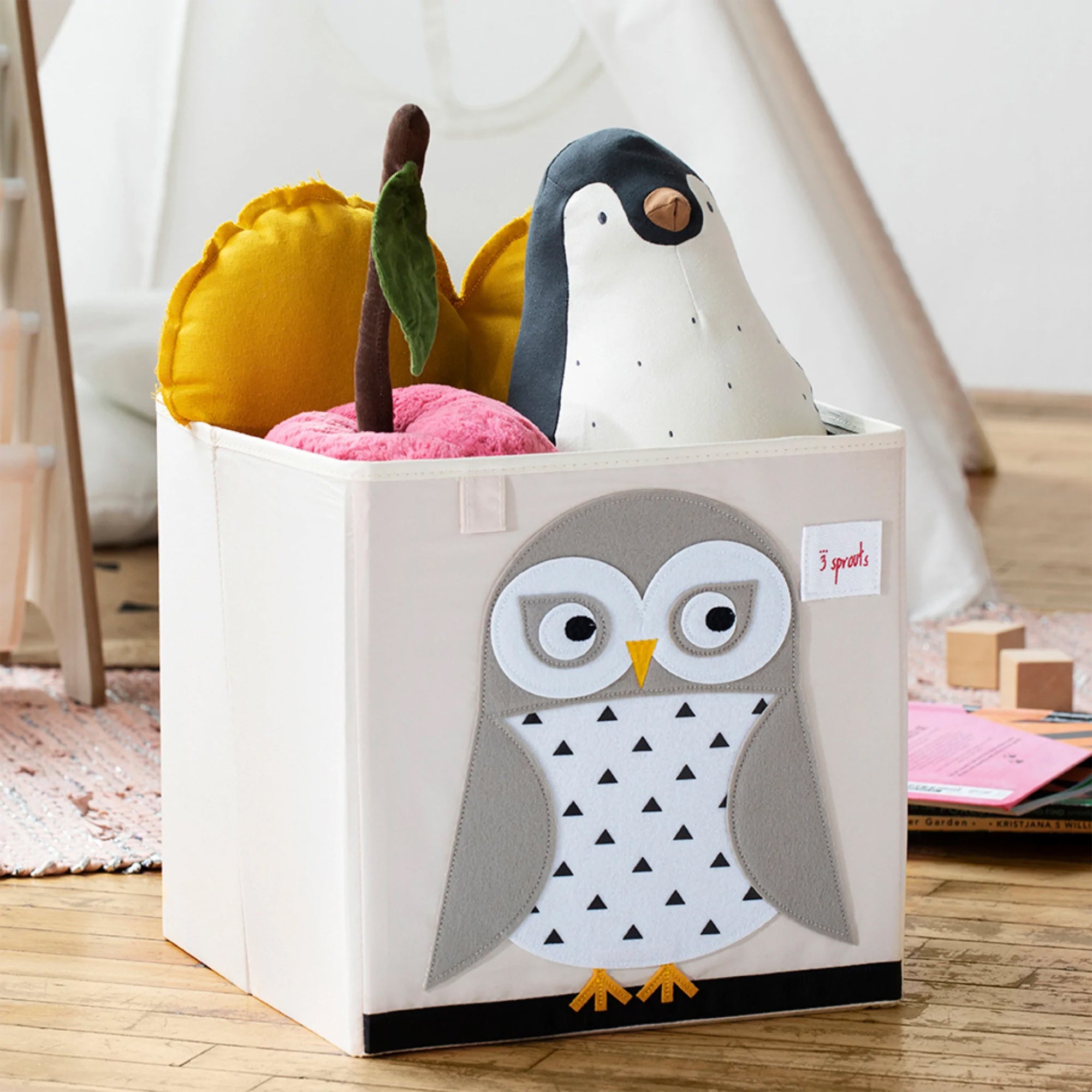 3 Sprouts Foldable Fabric Storage Cube Box Soft Toy Bin, Friendly Owl (2 Pack)