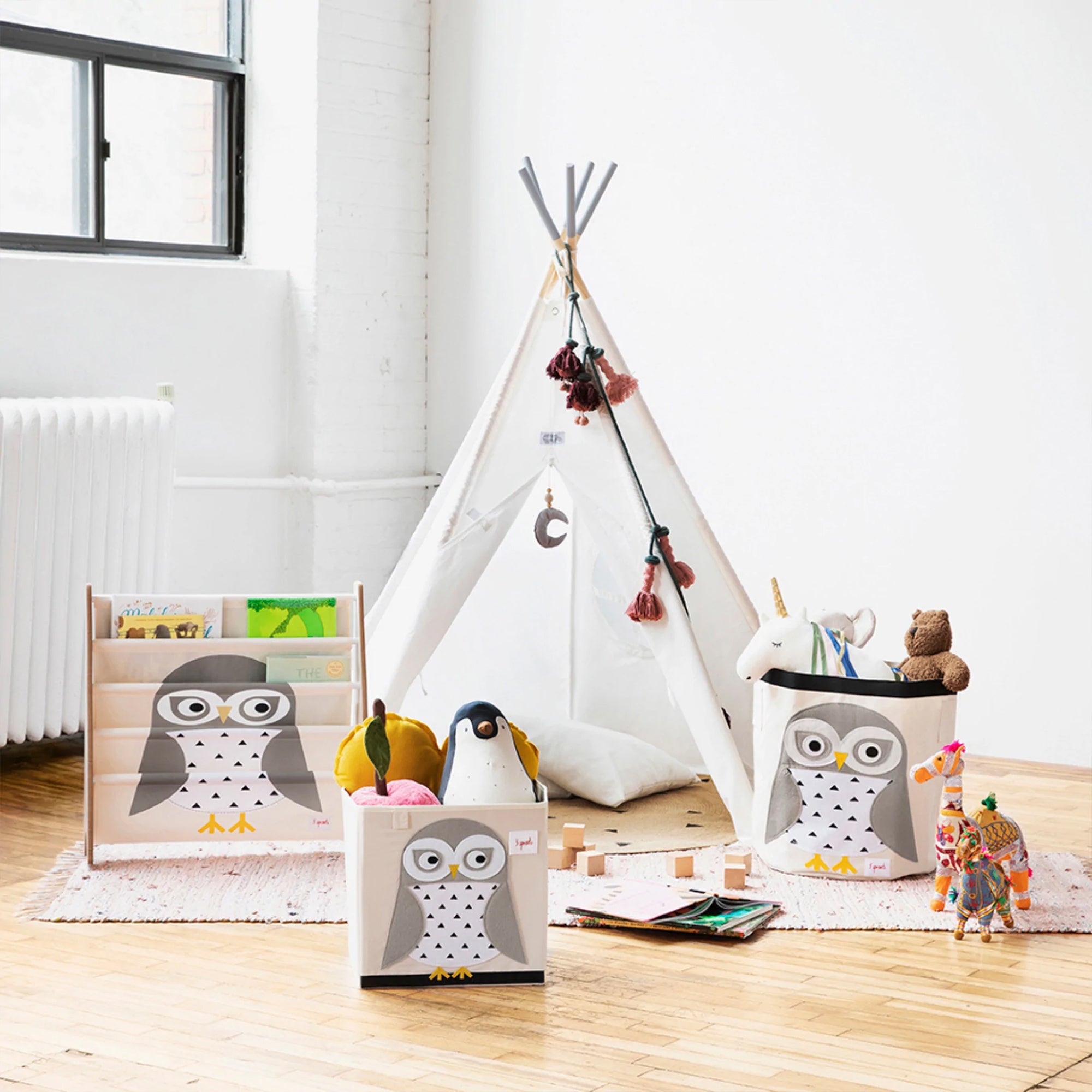 3 Sprouts Foldable Fabric Storage Cube Box Soft Toy Bin, Friendly Owl (2 Pack)