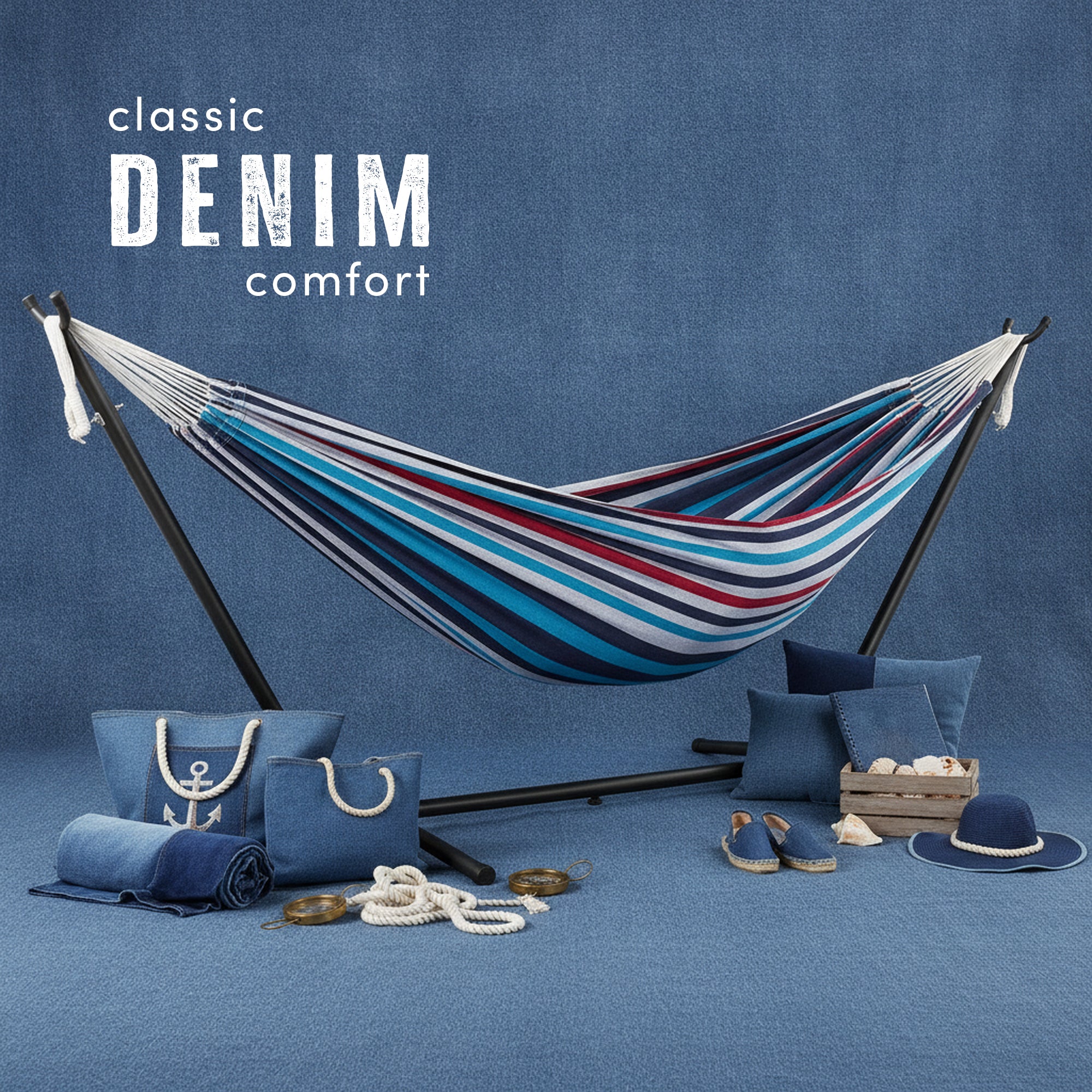 Vivere Double Cotton Hammock, Comfortable Daybed with Steel Stand, 9', Denim