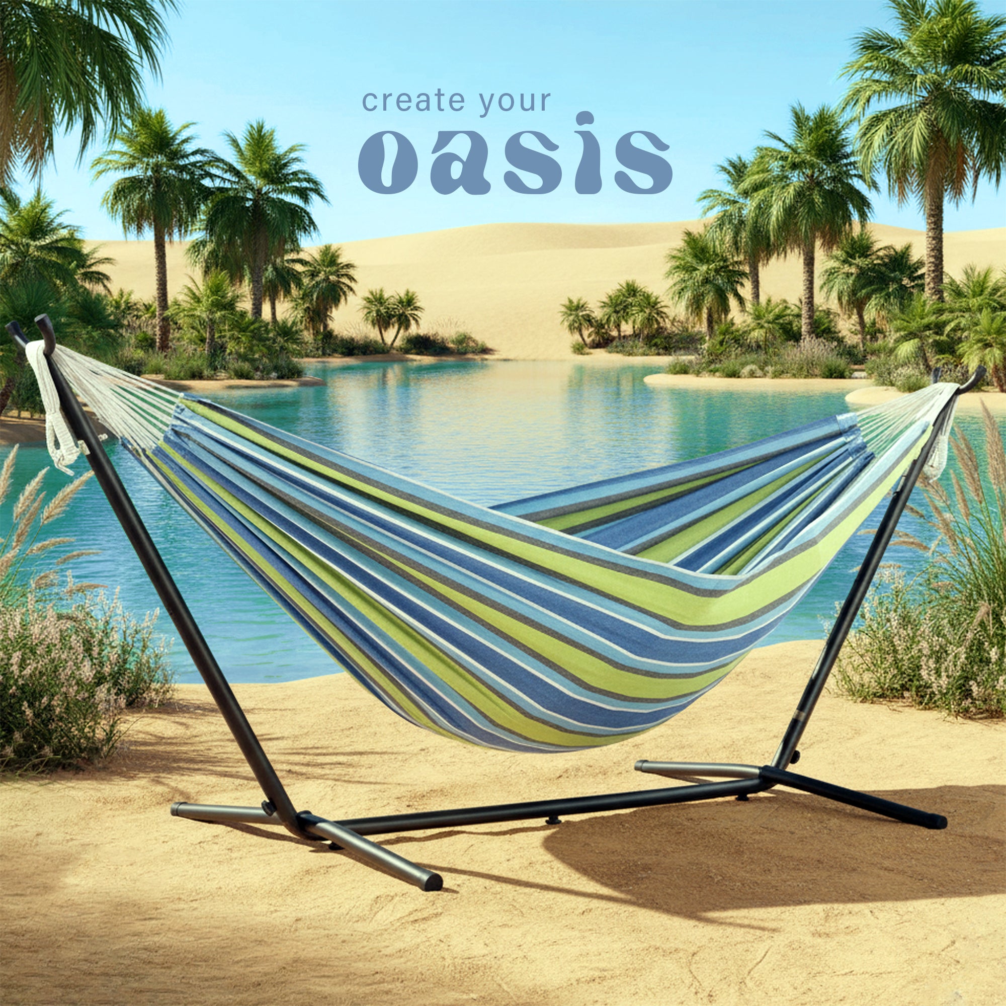 Vivere Double Cotton Hammock, Comfortable Daybed with Steel Stand, 9', Oasis - VMInnovations