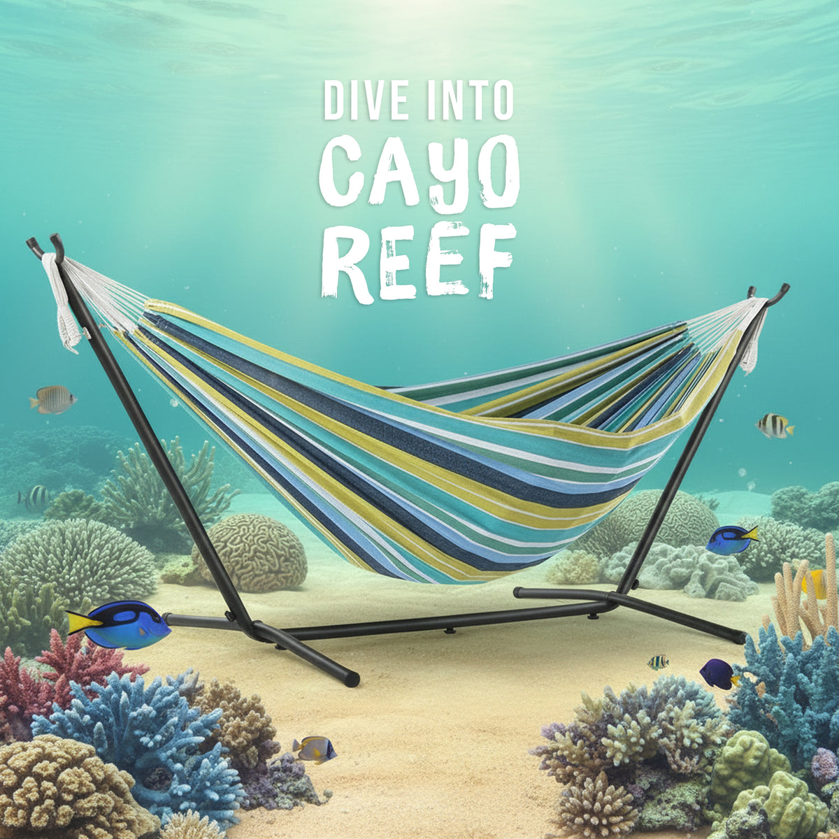 Vivere Double Cotton Combo Outdoor Backyard Patio Hammock with Stand, Cayo Reef - VMInnovations