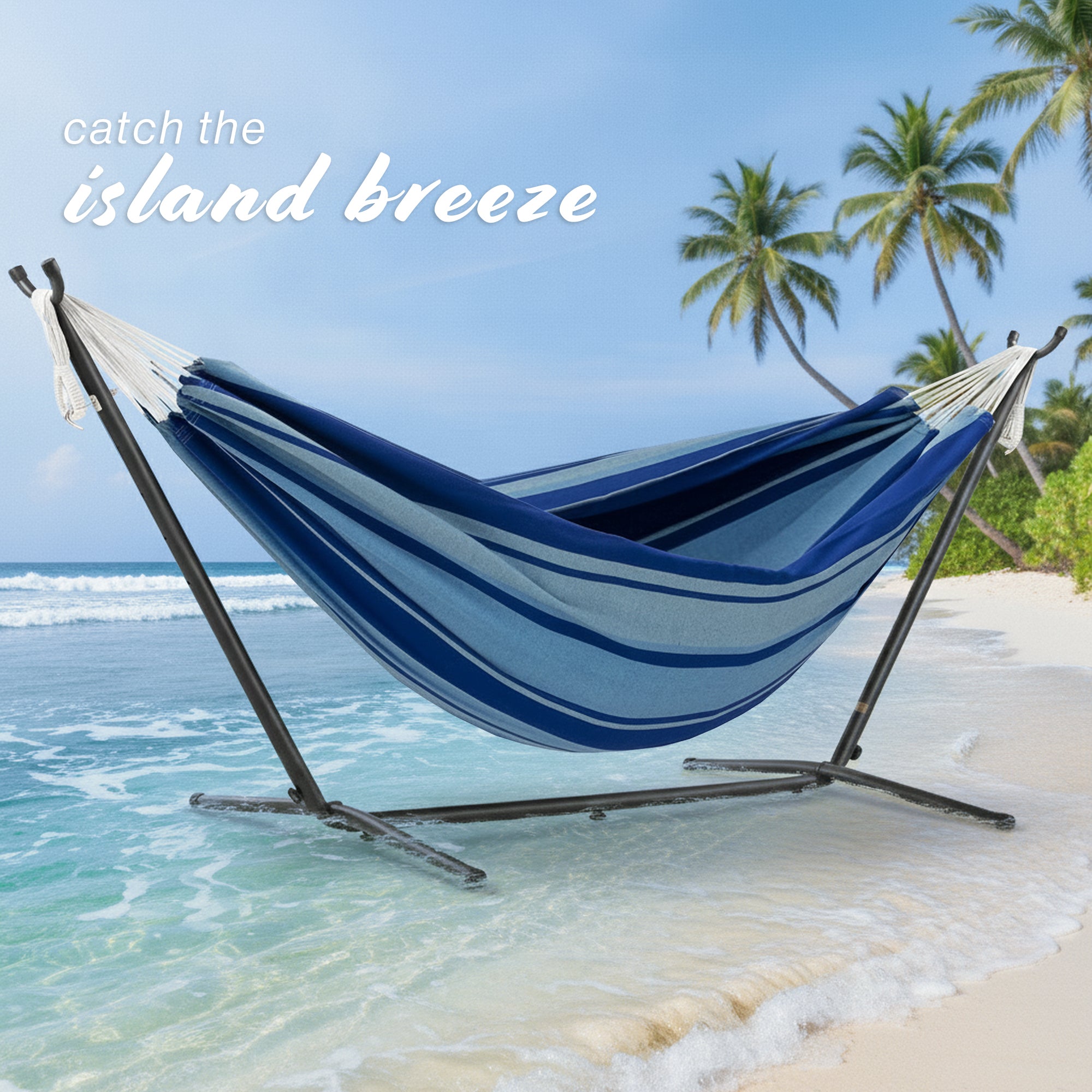 Vivere Double Cotton Hammock, Comfortable Daybed, Steel Stand, 9', Island Breeze - VMInnovations