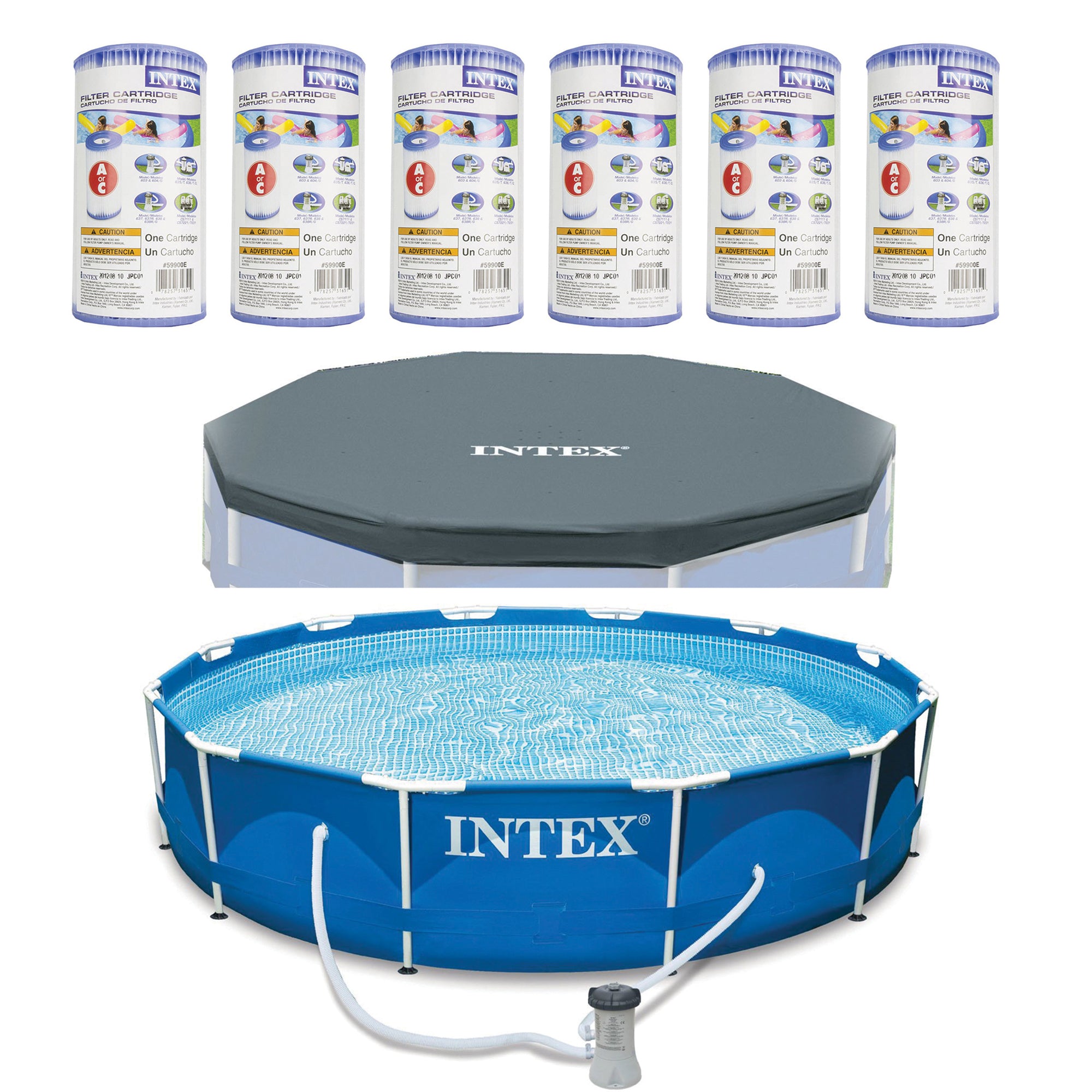 Intex Metal Frame Above Ground Pool w/ Pump, Filter Cartridge 6 Pack, and Cover - VMInnovations