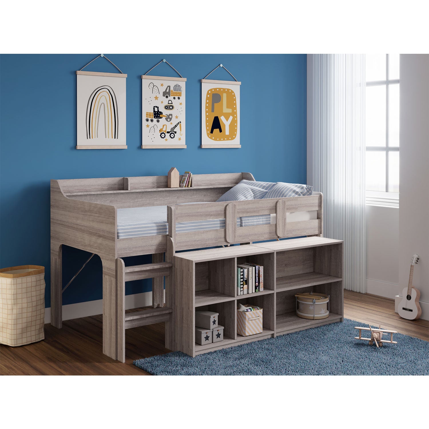 Rack Furniture Hamilton Twin Sized Loft Bed Frame with Storage Unit, Grey Wash