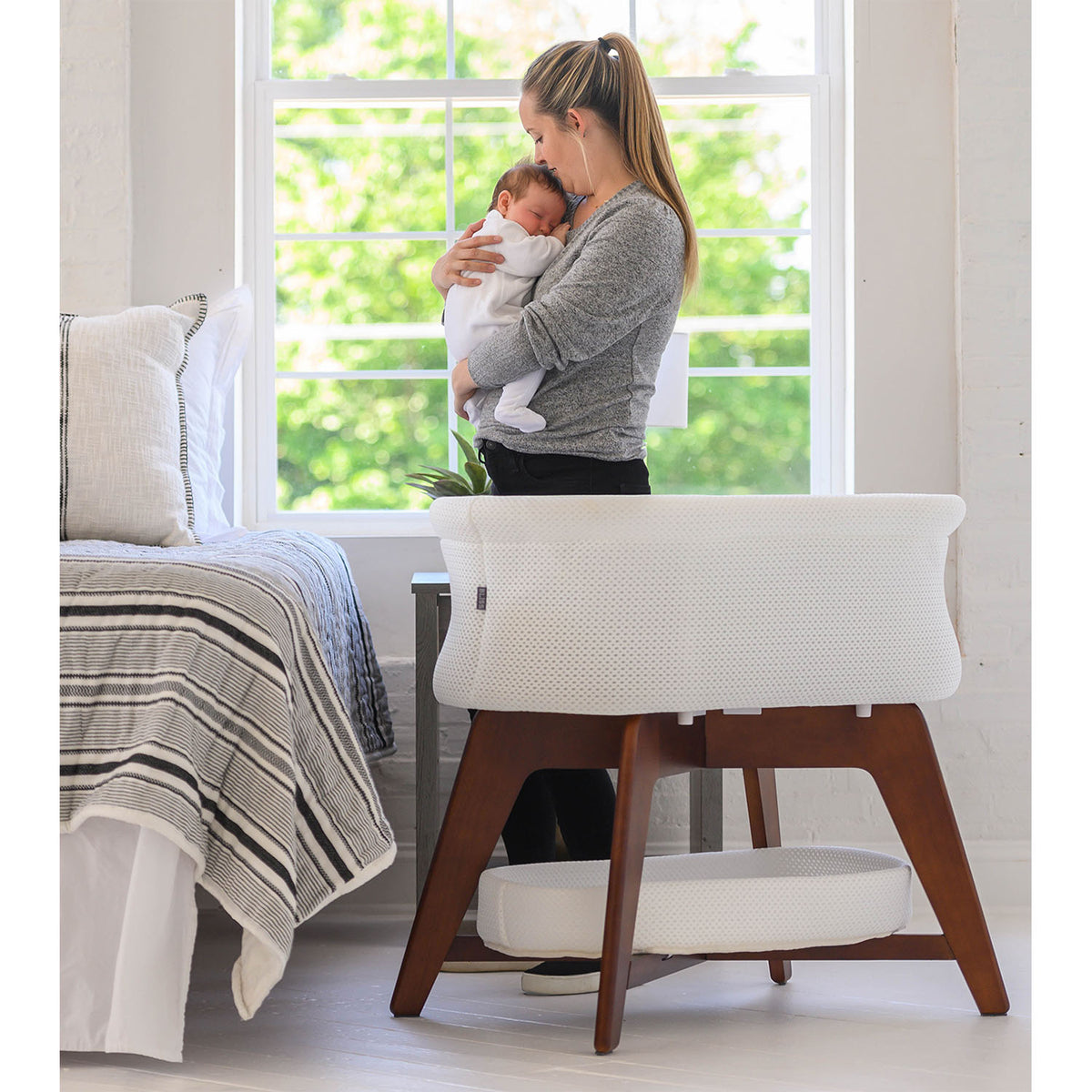 TruBliss Evi Smart Bassinet Deep Wall Crib Sleeper with Fitted Sheets, White - VMInnovations