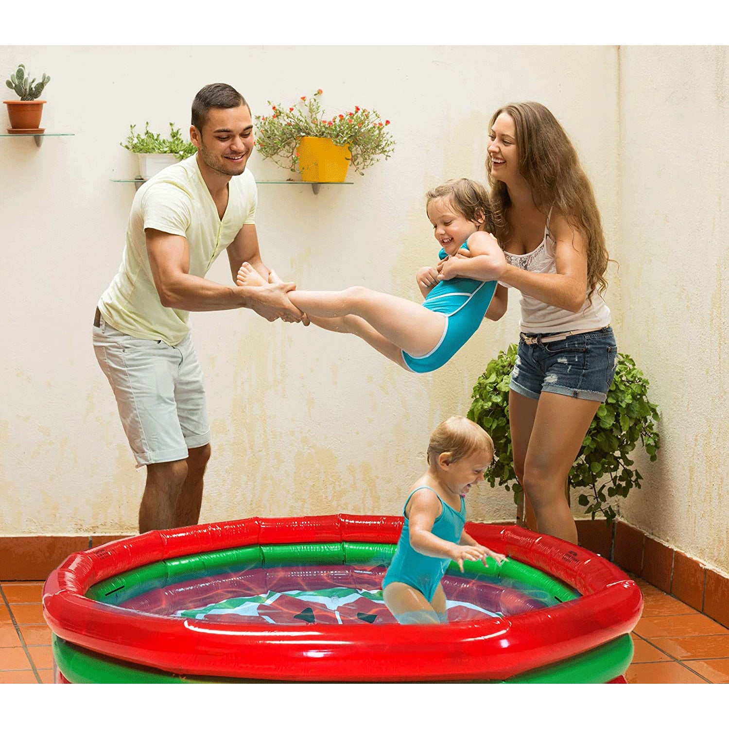 Hoovy 59 Inch 53 Gallon 3 Ring Watermelon Inflatable Kiddie Pool Set (Used)
