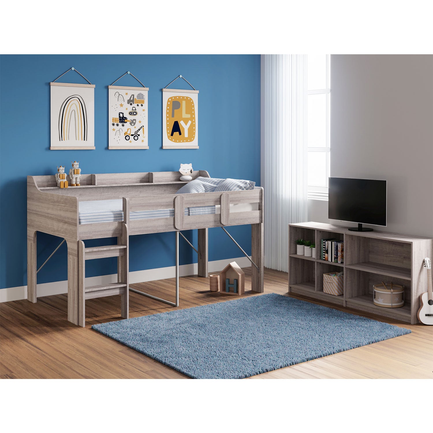 Rack Furniture Hamilton Twin Sized Loft Bed Frame with Storage Unit, Grey Wash