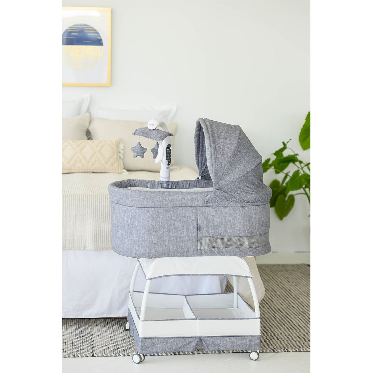 TruBliss Baby Sweetli Deluxe Bassinet Crib Sleeper with Mobile, Stonewash Gray - VMInnovations