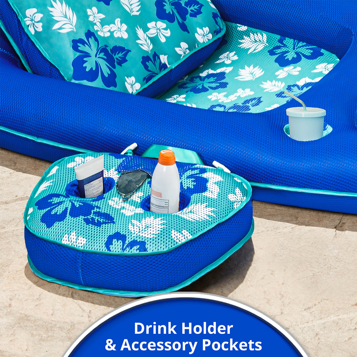 Aqua Campania Ultimate 2 in 1 Pool Float Lounge & Caddy, Teal Hibiscus (Used)