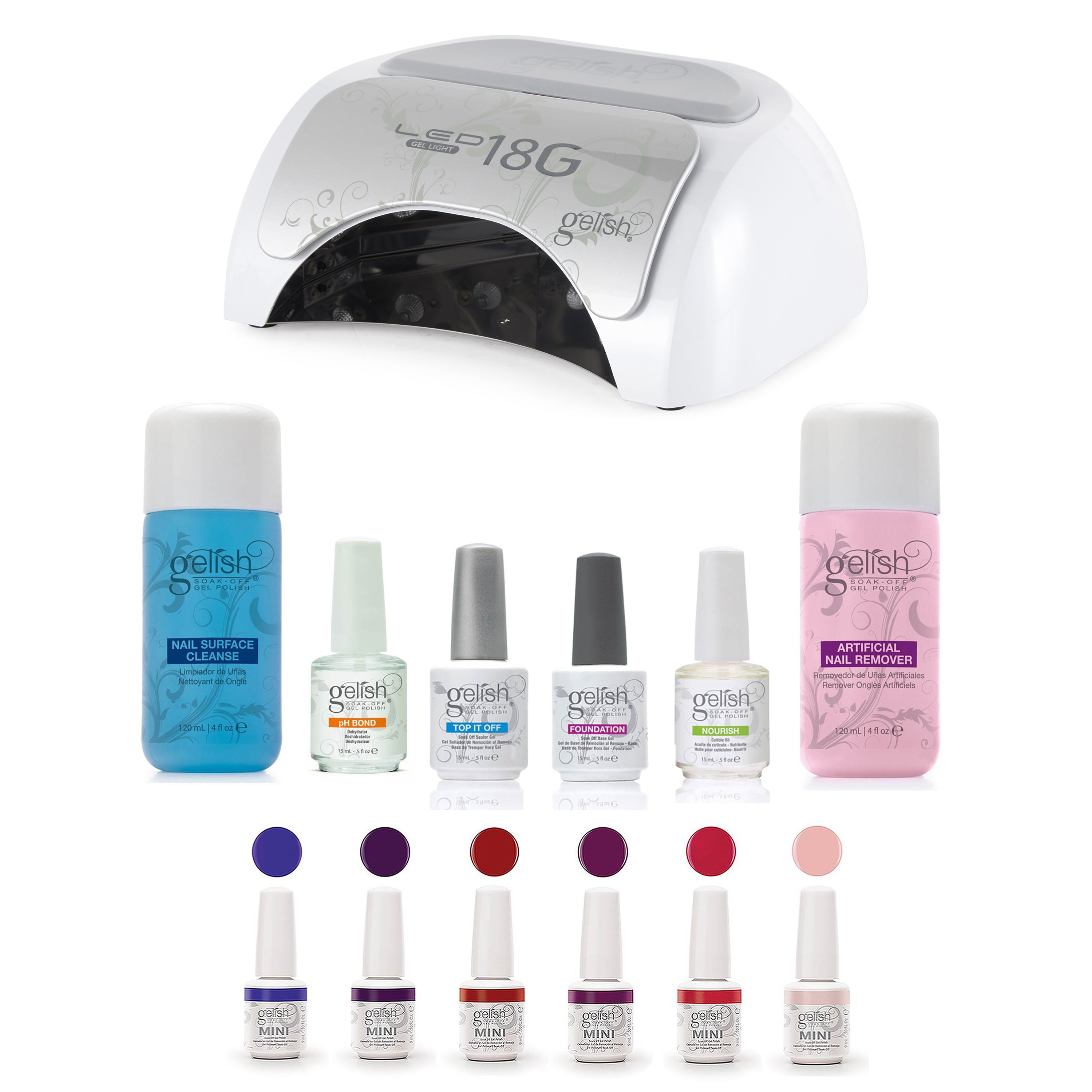 Gelish Gel Nail Polish LED Lamp + Basix Care Kit + Mini Kung Fu Flair Polish Set - VMInnovations
