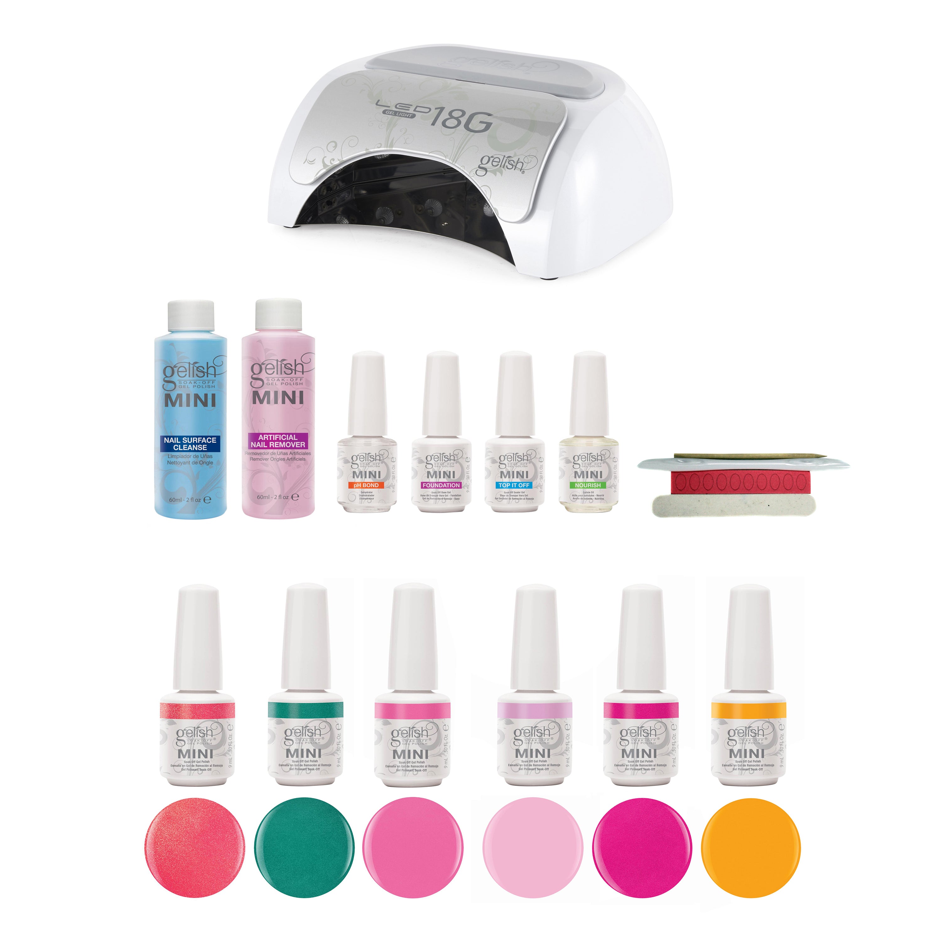 Gelish Polish Cure LED Lamp and Complete Basix Kit with Neon Street Beat Polish