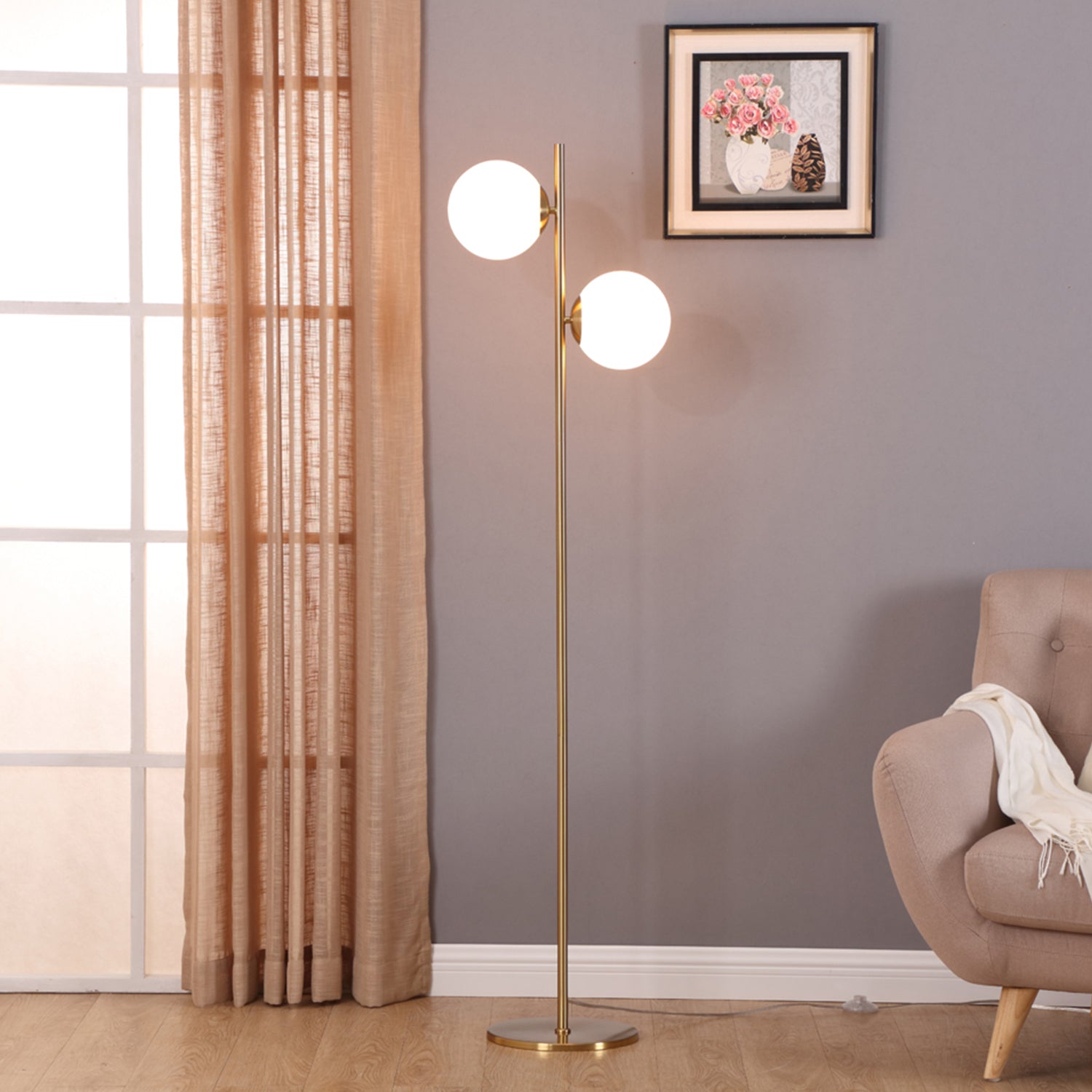 Brightech Sphere Light Standing Floor Lamp with LED Bulbs, Gold Brass (Used)