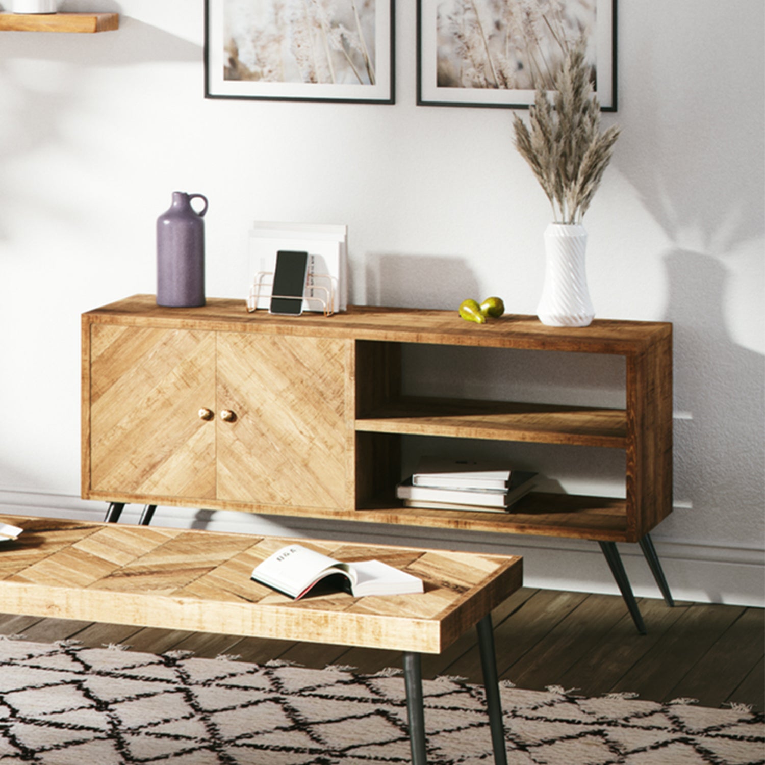 Mindful Living Rustic Mid Century 2 Shelf Mango Wood & Iron Chevron TV Cabinet - VMInnovations