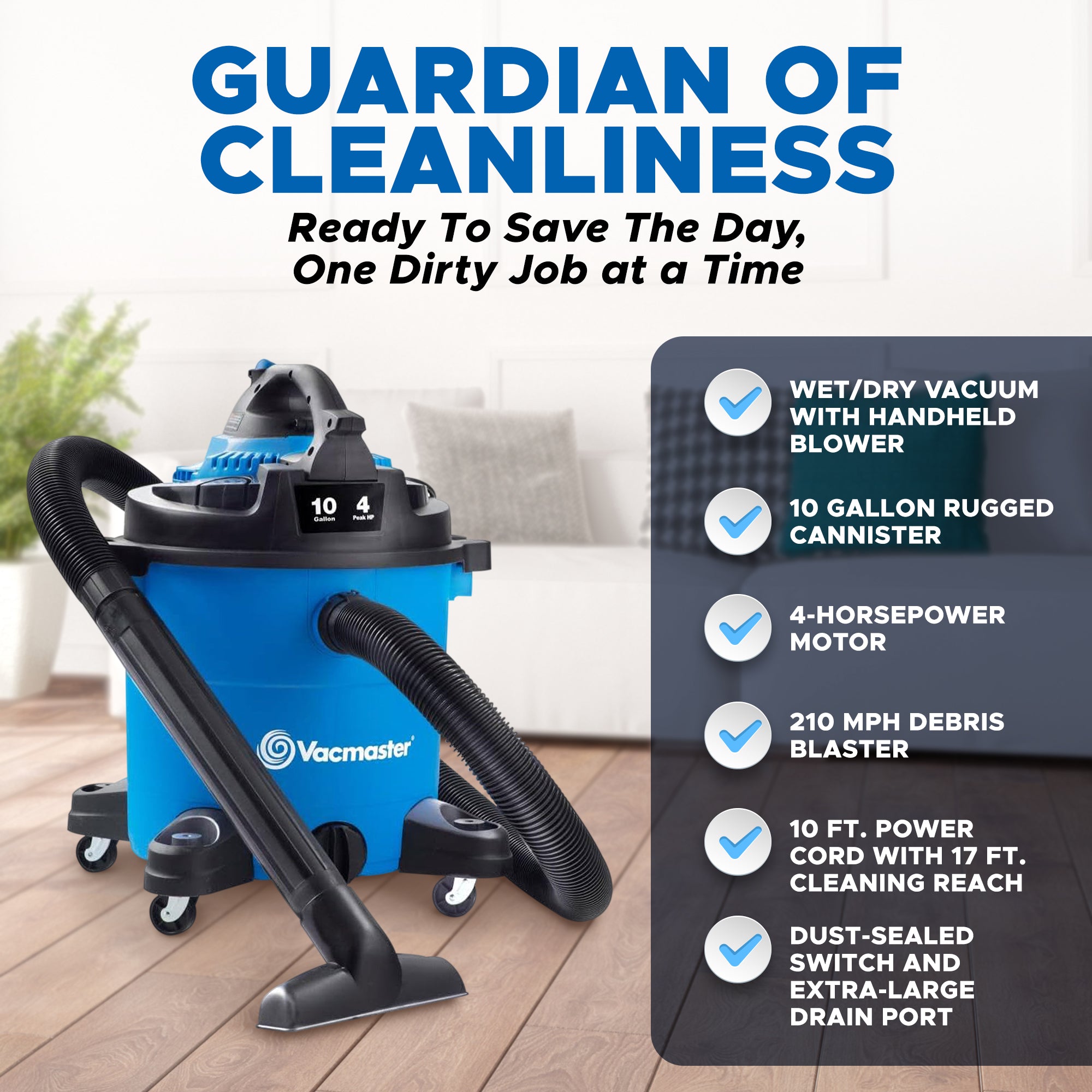 Vacmaster 10 Gallon 4 Peak Horsepower 2 in 1 Wet/Dry Vacuum w/ Detachable Blower - VMInnovations