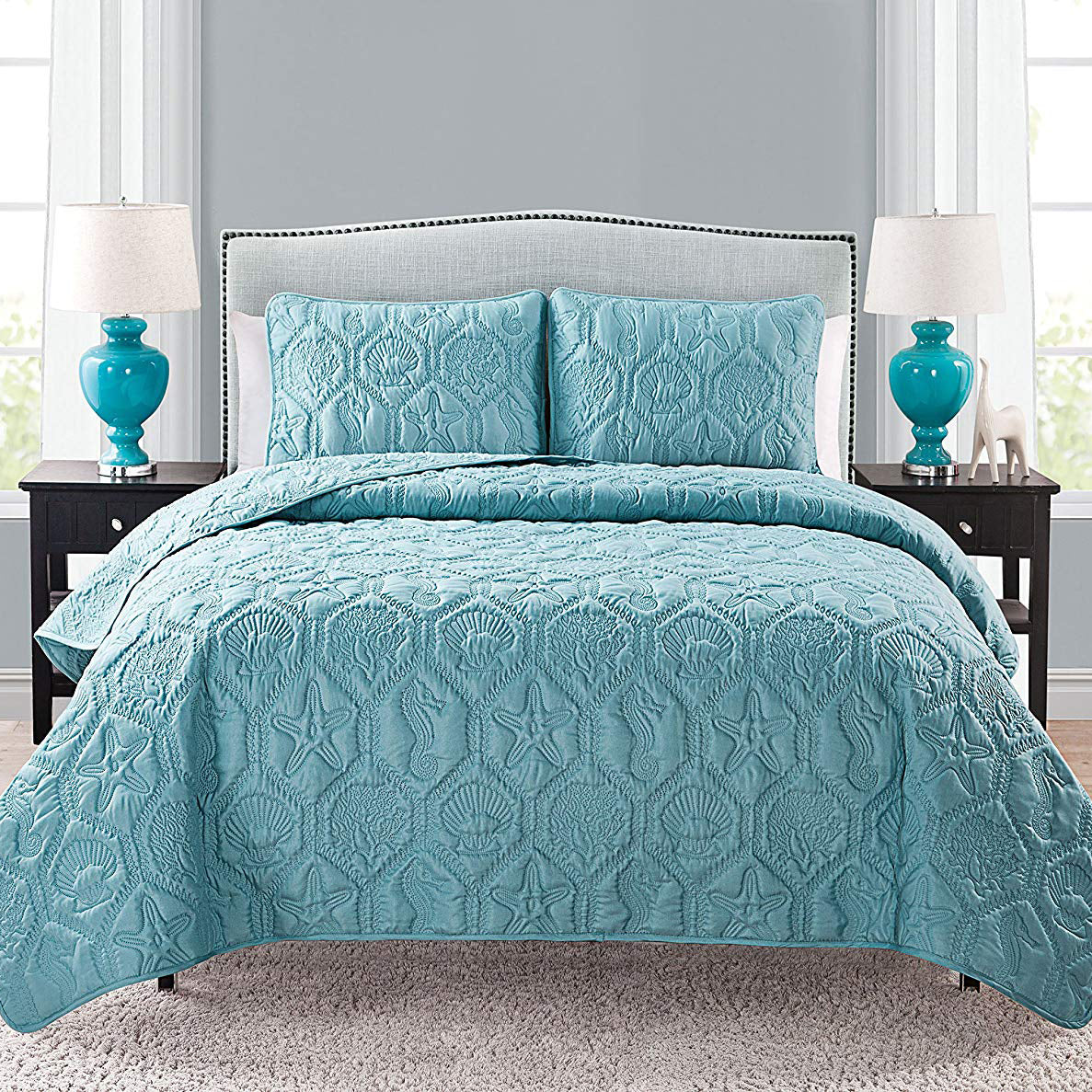 VCNY Home 3 Piece Reversible Bed Quilt and 2 Pillow Shams Set, King (Open Box)