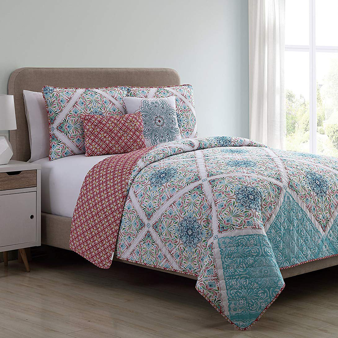 VCNY Home Windsor Floral Pink 5 Piece Reversible Bed Quilt Set, King (Open Box)