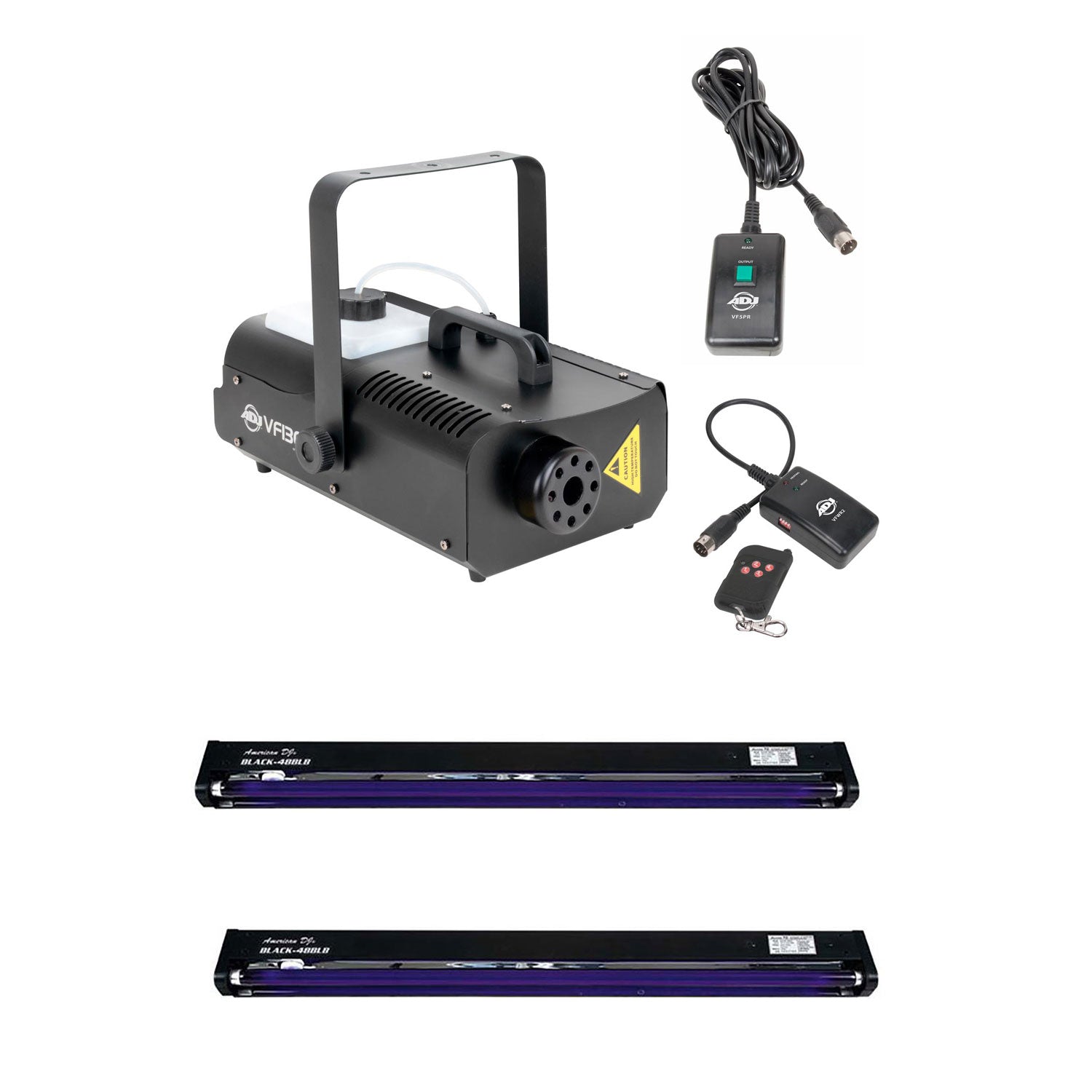 American DJ 1300 Watt 2.3L Fog Machine + 48 Inch UV Black Light Fixture (2 Pack)