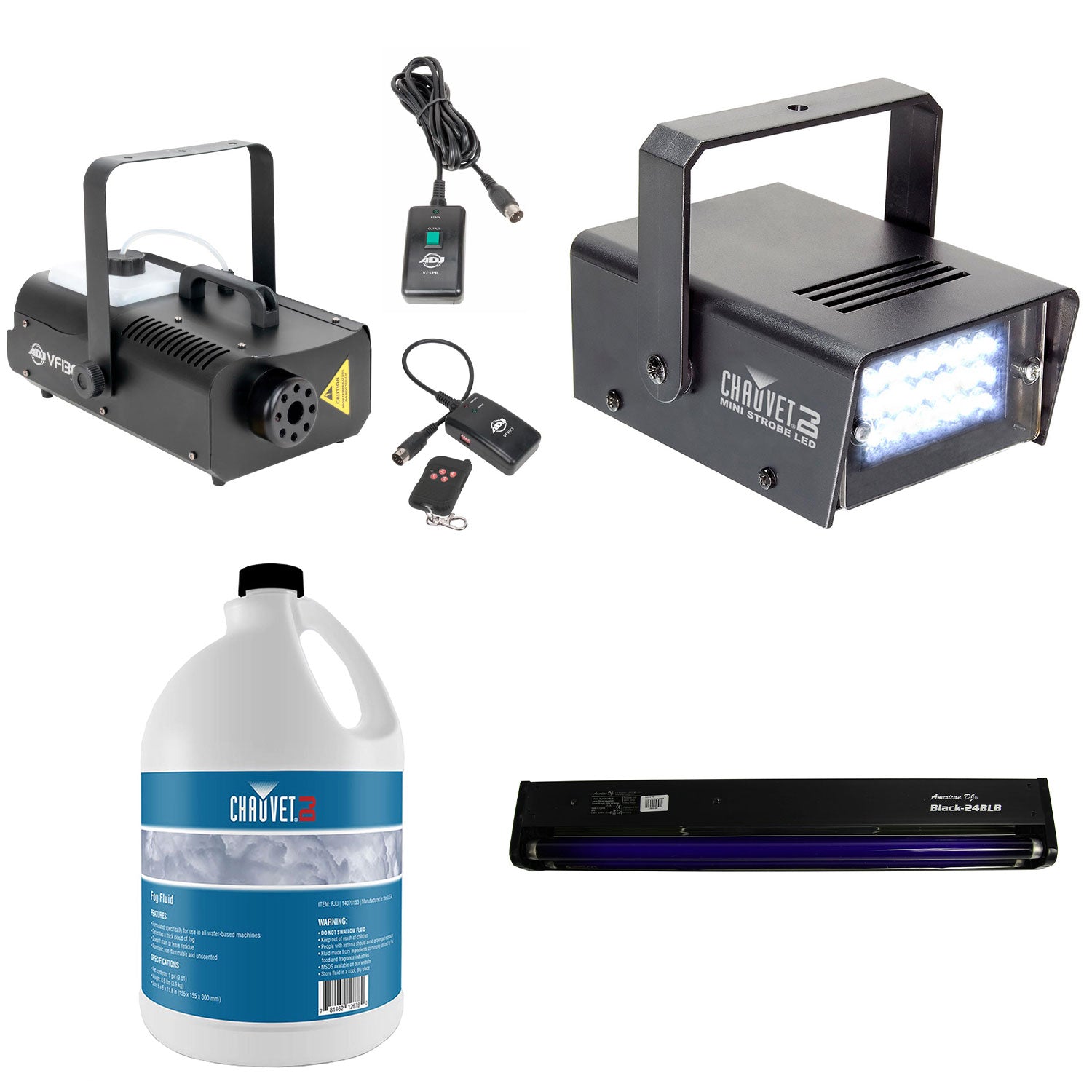 American DJ 1300 Watt Fog Machine + Fog Juice + Mini Strobe Light + Black Light